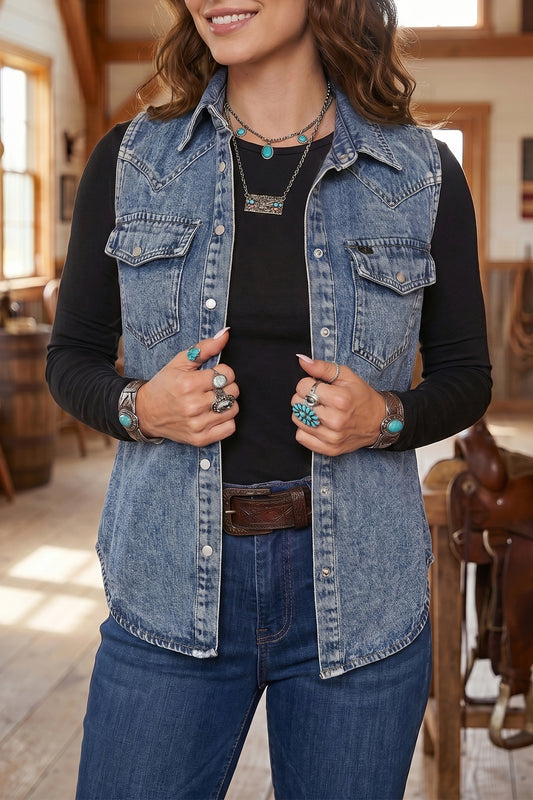 Ashleigh Blue Solid Denim Button Front Pocket Sleeveless Cowboy Vest-Outerwear/Vests-[Adult]-[Female]-Ashleigh Blue-S-2022 Online Blue Zone Planet
