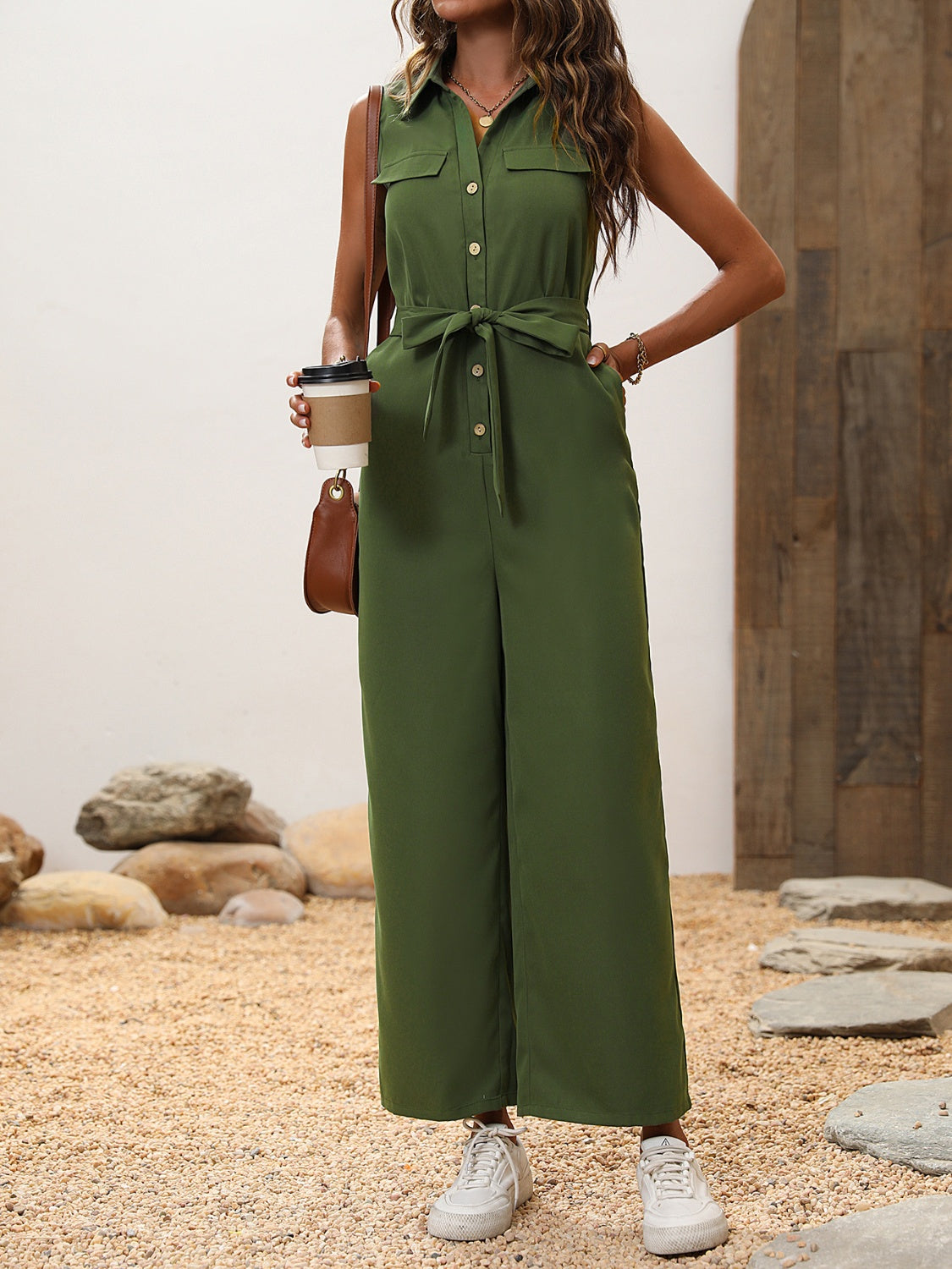 Tie Waist Sleeveless Wide Leg Jumpsuit-[Adult]-[Female]-2022 Online Blue Zone Planet