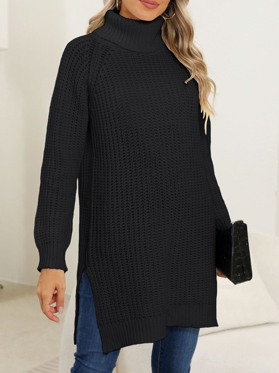 Blue Zone Planet | Slit Turtleneck Long Sleeve Sweater-TOPS / DRESSES-[Adult]-[Female]-2022 Online Blue Zone Planet