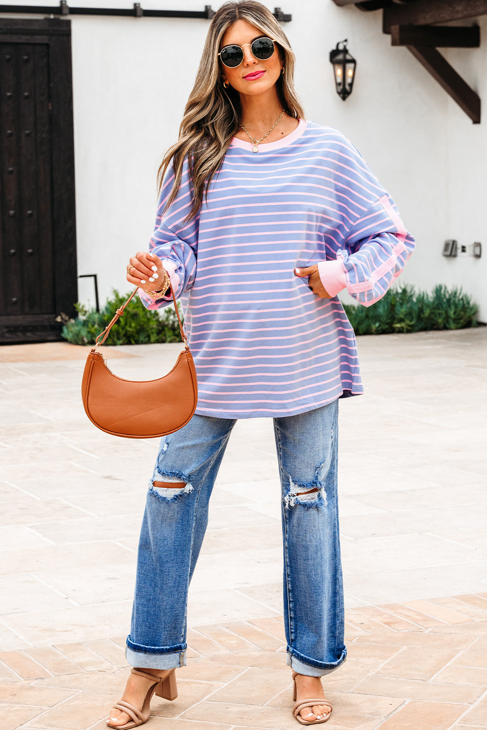Sky Blue Stripe Oversize Contrast Trim Drop Shoulder Casual Top-Tops/Long Sleeve Tops-[Adult]-[Female]-2022 Online Blue Zone Planet