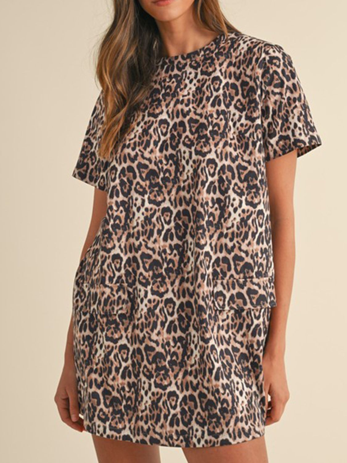 Leopard Round Neck Short Sleeve Mini Dress-TOPS / DRESSES-[Adult]-[Female]-Leopard-S-2022 Online Blue Zone Planet