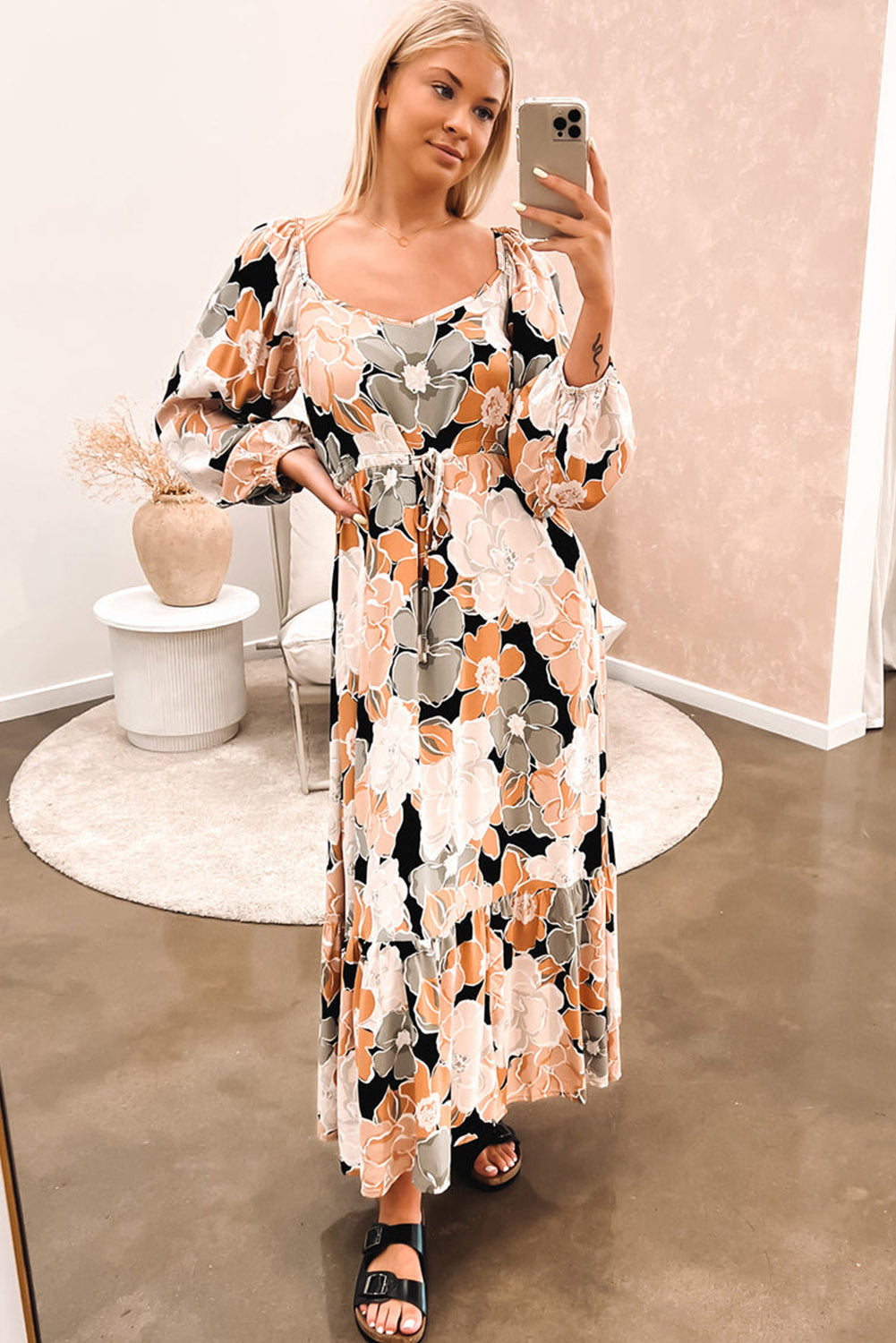 Blue Zone Planet | Tie Waist Puff Sleeve Bold Floral Maxi Dress-TOPS / DRESSES-[Adult]-[Female]-2022 Online Blue Zone Planet