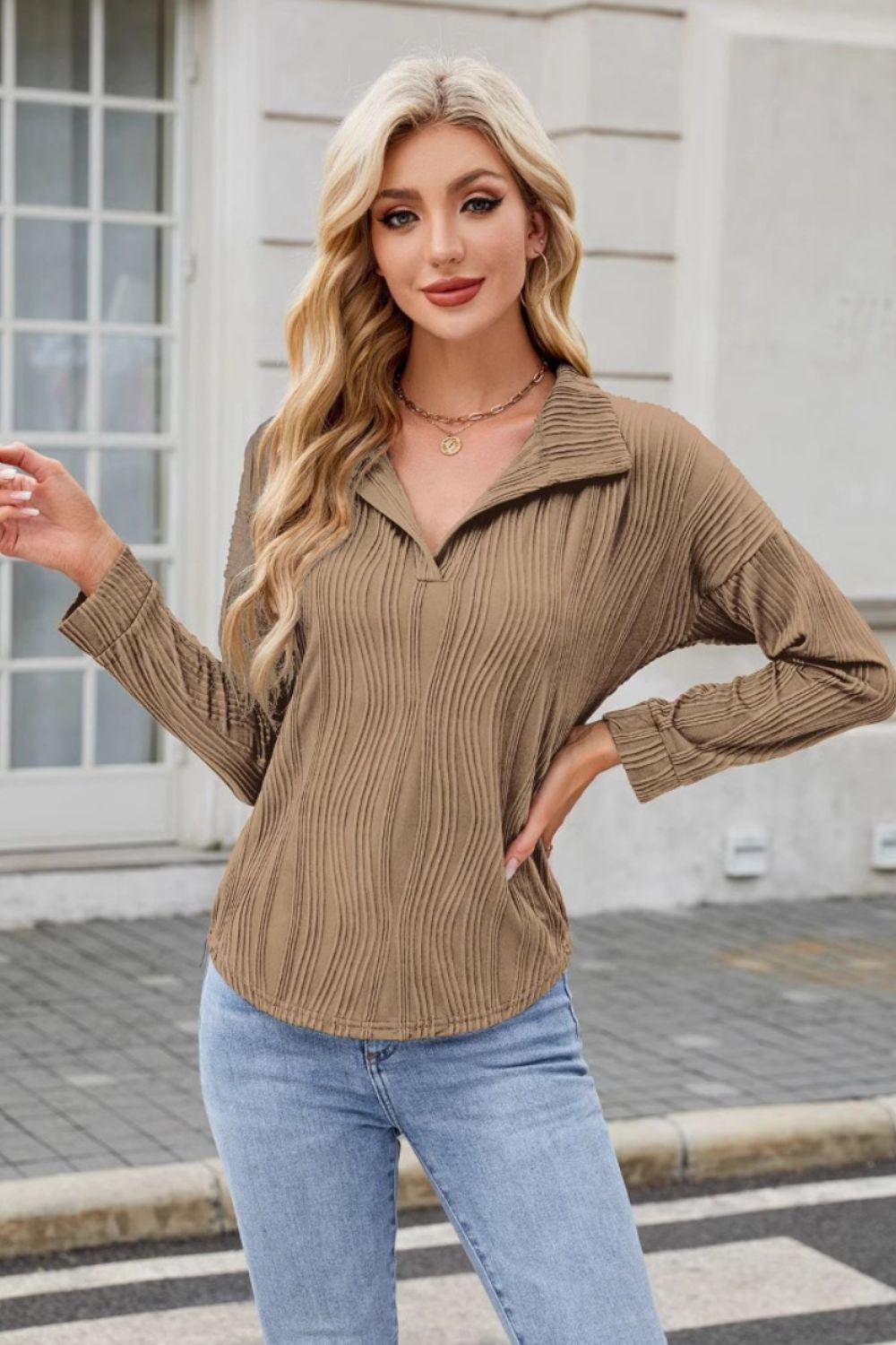 Texture Collared Neck Long Sleeve Blouse-TOPS / DRESSES-[Adult]-[Female]-2022 Online Blue Zone Planet