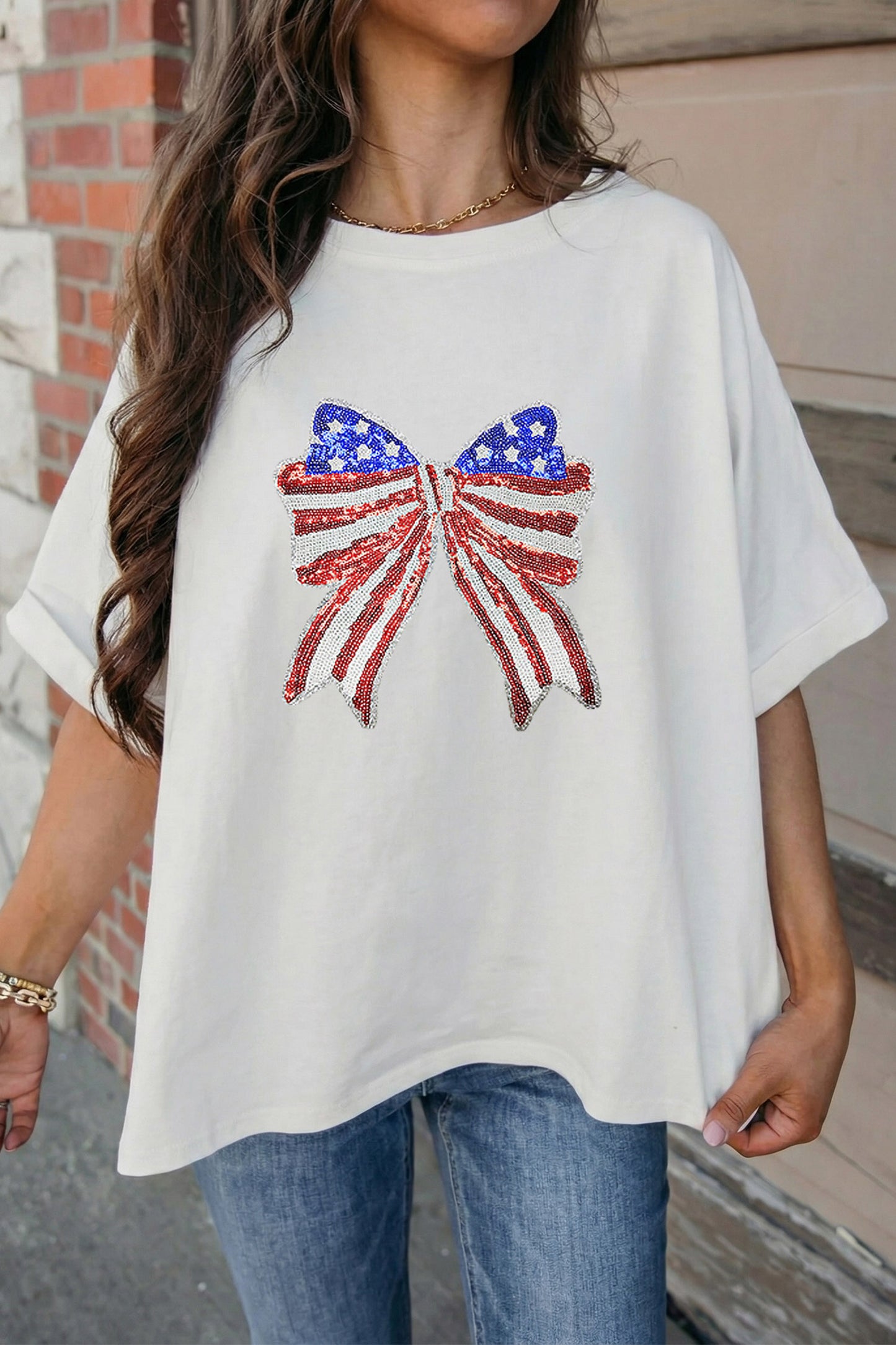 White Patriotic Sequin Bow Graphic Oversized Tee-Graphic/Graphic Tees-[Adult]-[Female]-2022 Online Blue Zone Planet