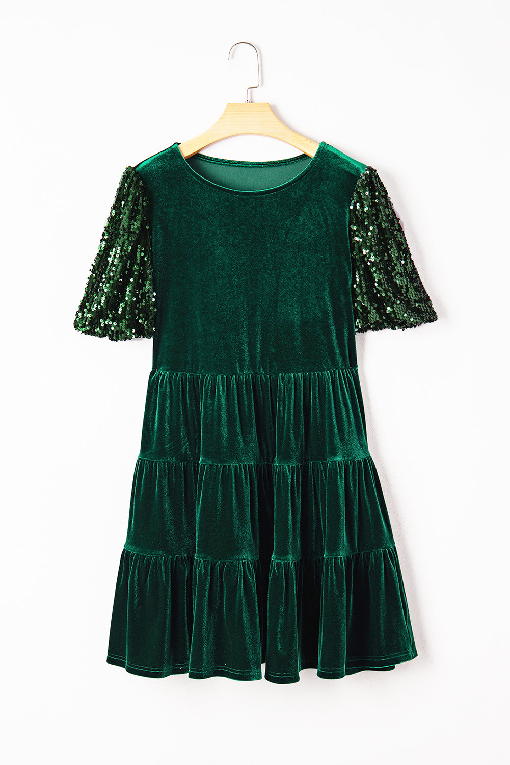 Evergreen Sequin Puff Sleeve High Waist Tiered Velvet Mini Dress-Short Dresses-[Adult]-[Female]-2022 Online Blue Zone Planet