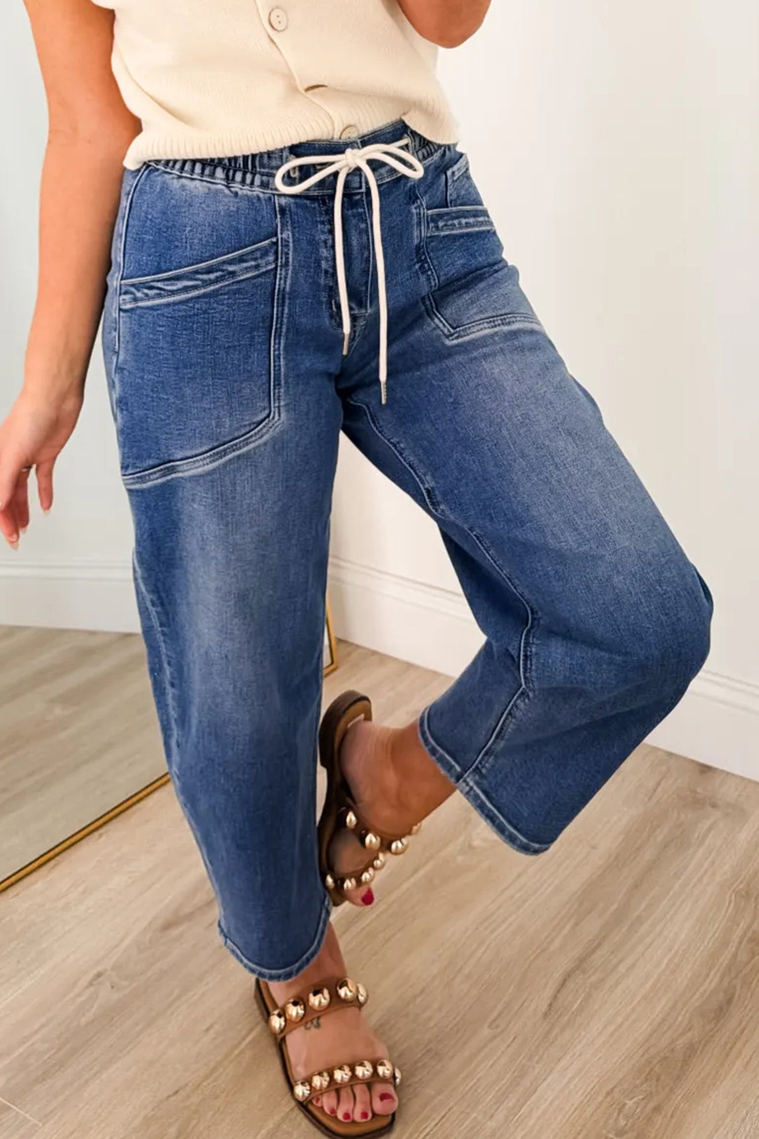 Ashleigh Blue Drawstring Waist Ankle Length Casual Jeans Regular Fit Pocket Detail Denim Pants-Bottoms/Jeans-[Adult]-[Female]-2022 Online Blue Zone Planet