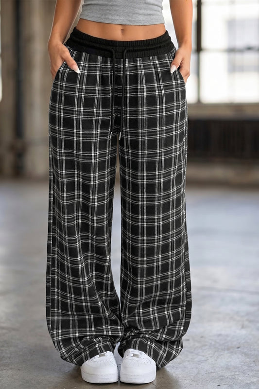 Black Frenchy Plaid Pattern Contrast Drawstring Waist Wide Leg Pants-Bottoms/Pants & Culotte-[Adult]-[Female]-2022 Online Blue Zone Planet