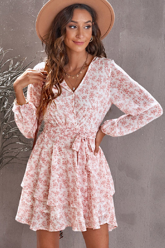 Floral Surplice Balloon Sleeve Layered Dress-TOPS / DRESSES-[Adult]-[Female]-Watermelon pink-S-2022 Online Blue Zone Planet