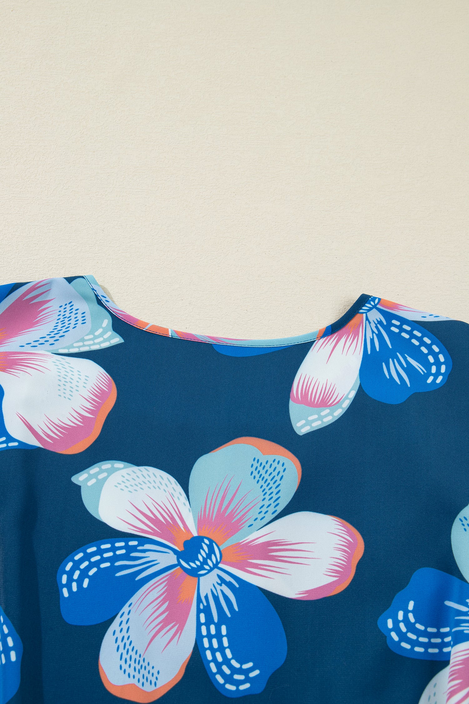 Blue Floral Print Short Puff Sleeve Ruffle Hem Belted Long Dress-TOPS / DRESSES-[Adult]-[Female]-2022 Online Blue Zone Planet