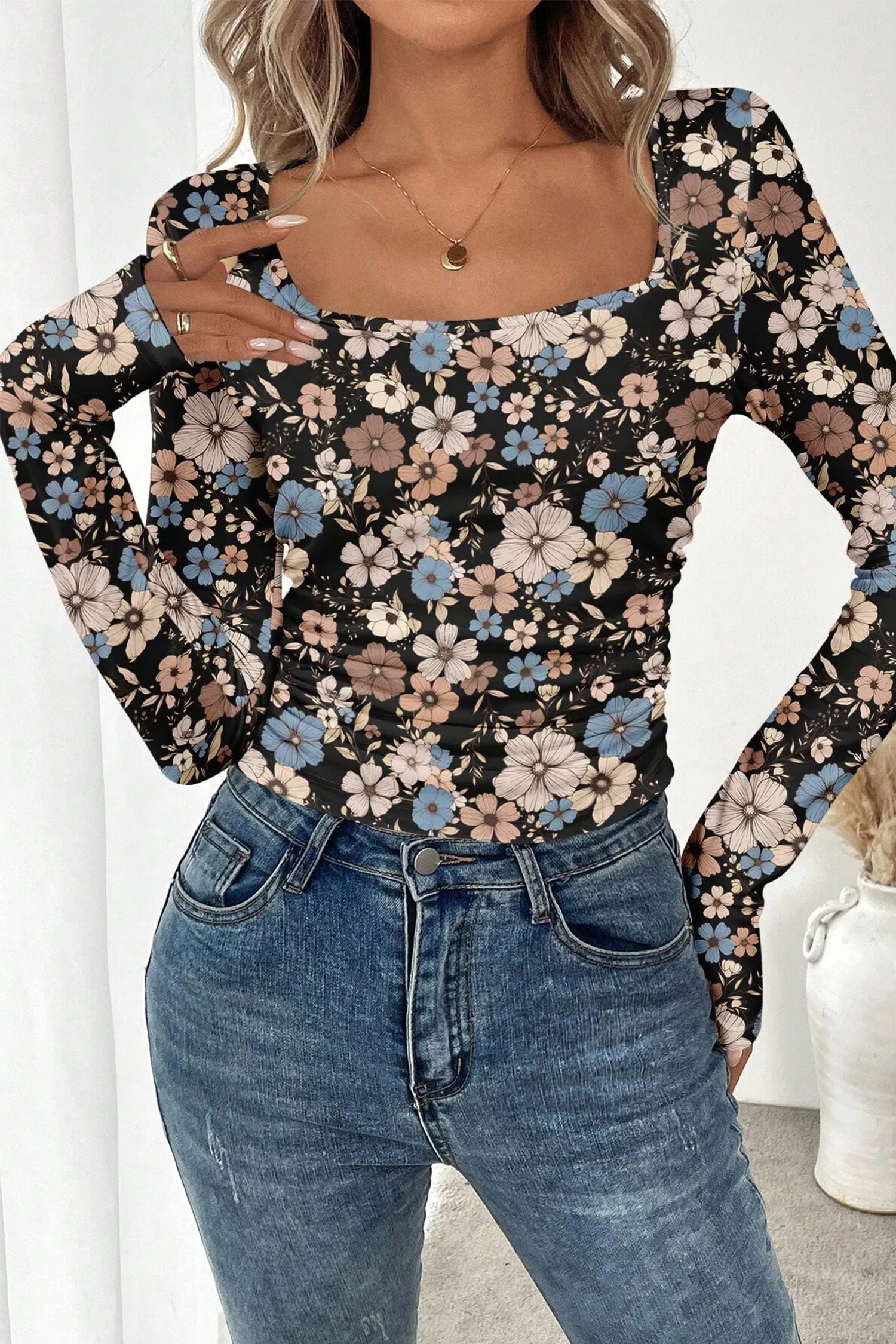 Black Floral Print Slim Long Sleeve T Shirt-Tops/Long Sleeve Tops-[Adult]-[Female]-2022 Online Blue Zone Planet