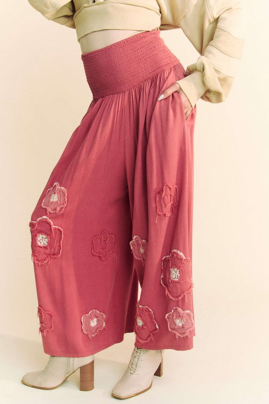 Davi & Dani Smocked Waist Flower Patch Wide Leg Pants-BOTTOM SIZES SMALL MEDIUM LARGE-[Adult]-[Female]-Strawberry-S-2022 Online Blue Zone Planet