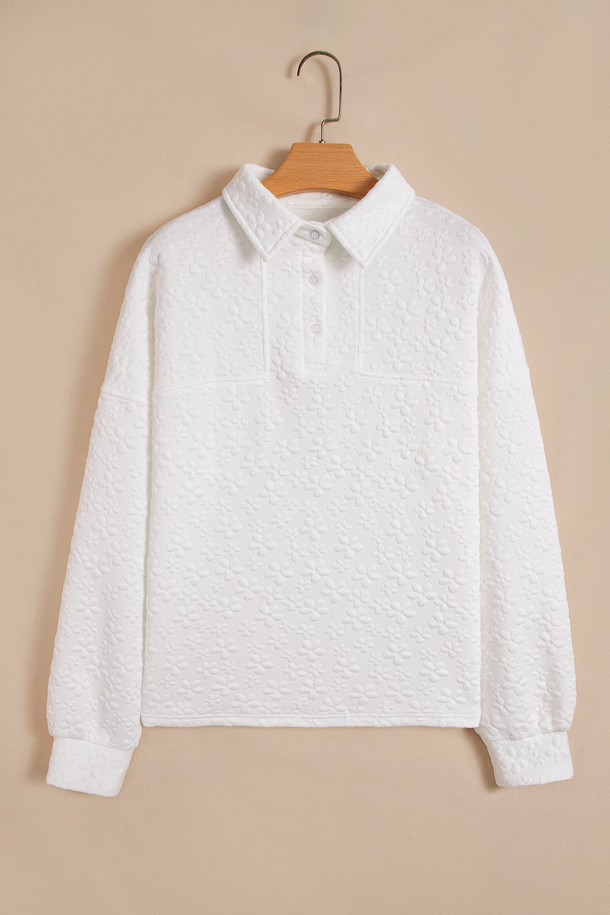 White Solid Color Textured Relaxed Button Collar Pullover Sweatshirt-Tops/Sweatshirts & Hoodies-[Adult]-[Female]-2022 Online Blue Zone Planet
