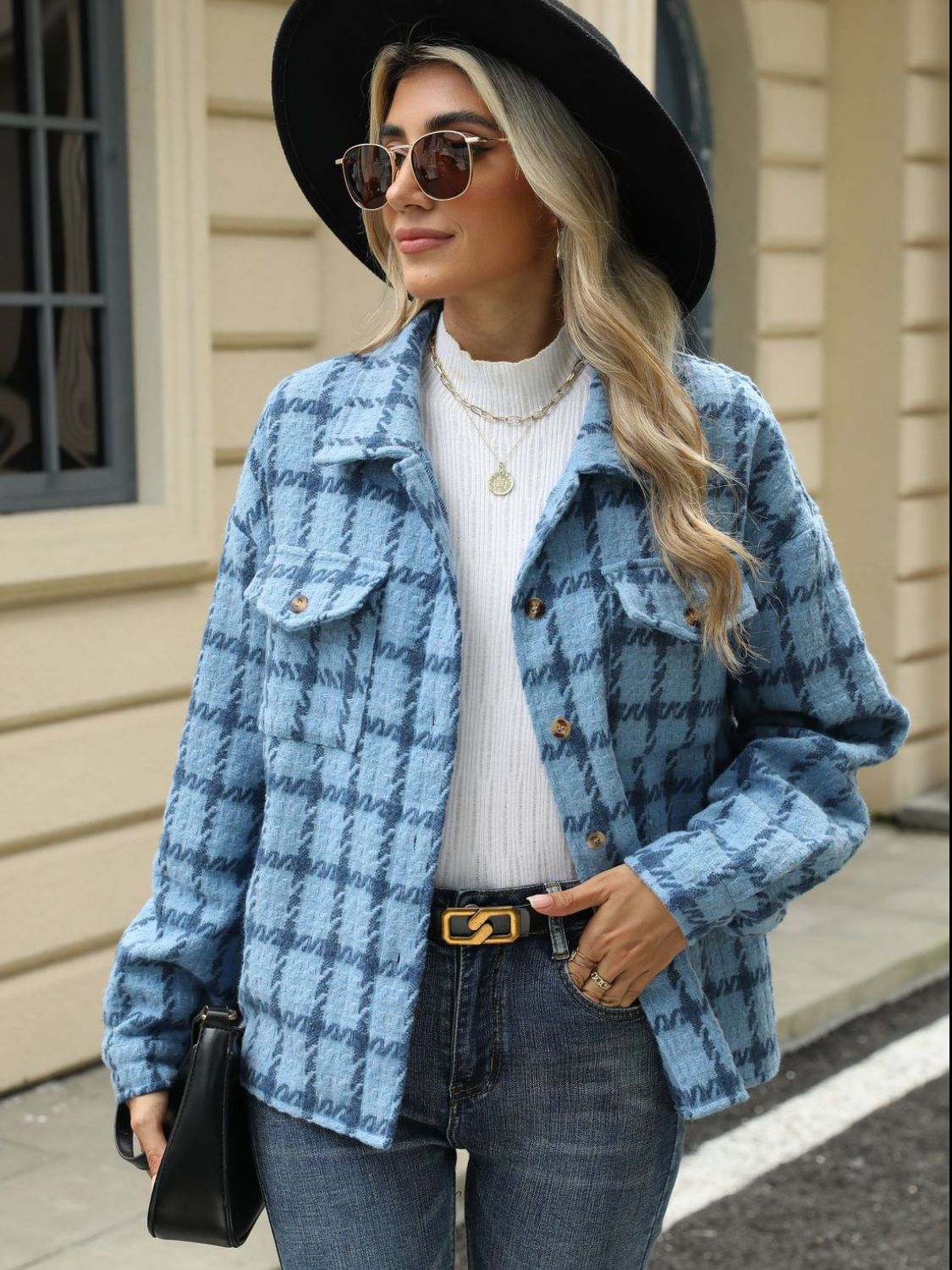 Plaid Collared Neck Long Sleeve Jacket-TOPS / DRESSES-[Adult]-[Female]-Sky Blue-S-2022 Online Blue Zone Planet