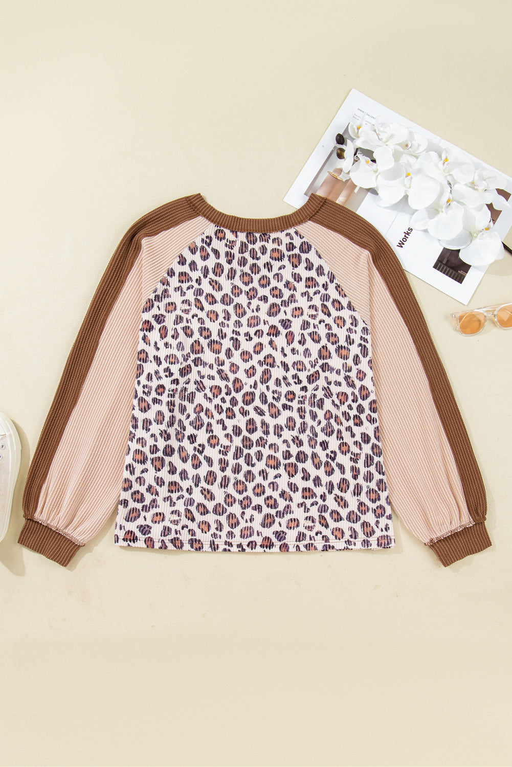 Parchment Leopard Colorblock Patchwork Twist Ribbed Plus Size V Neck Baggy Pullover-Plus Size/Plus Size Tops/Plus Size Long Sleeve Tops-[Adult]-[Female]-2022 Online Blue Zone Planet