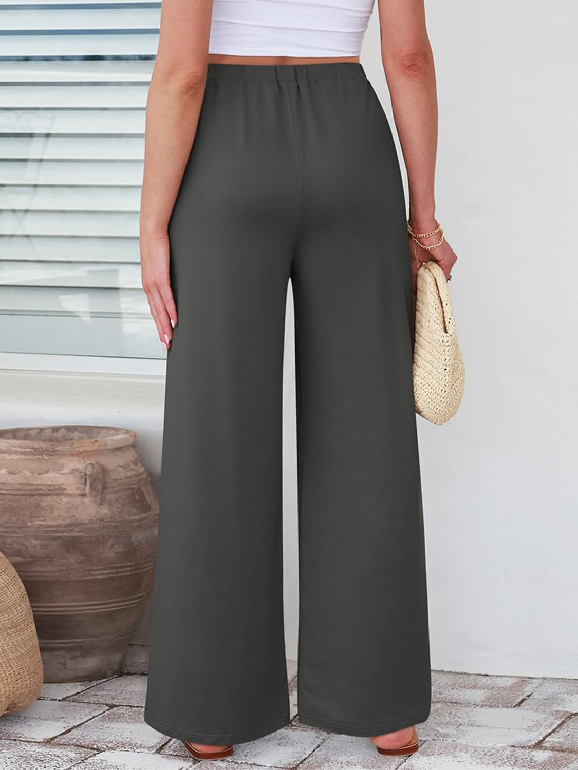 Elastic Waist Wide Leg Pants-BOTTOMS SIZES SMALL MEDIUM LARGE-[Adult]-[Female]-2022 Online Blue Zone Planet