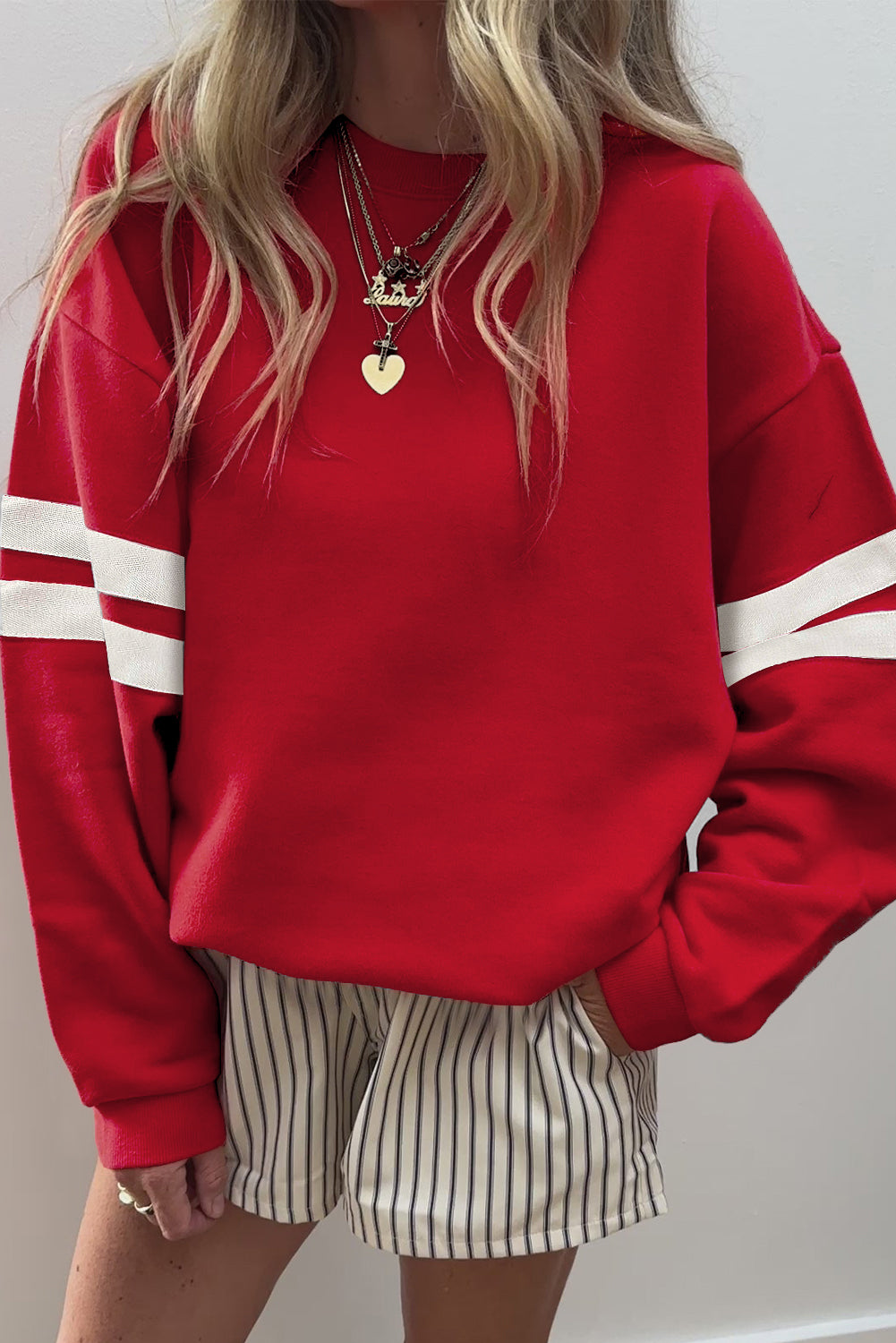 Fiery Red Varsity Striped Detail Drop Shoulder Oversized Sweatshirt-Tops/Sweatshirts & Hoodies-[Adult]-[Female]-Fiery Red-S-2022 Online Blue Zone Planet