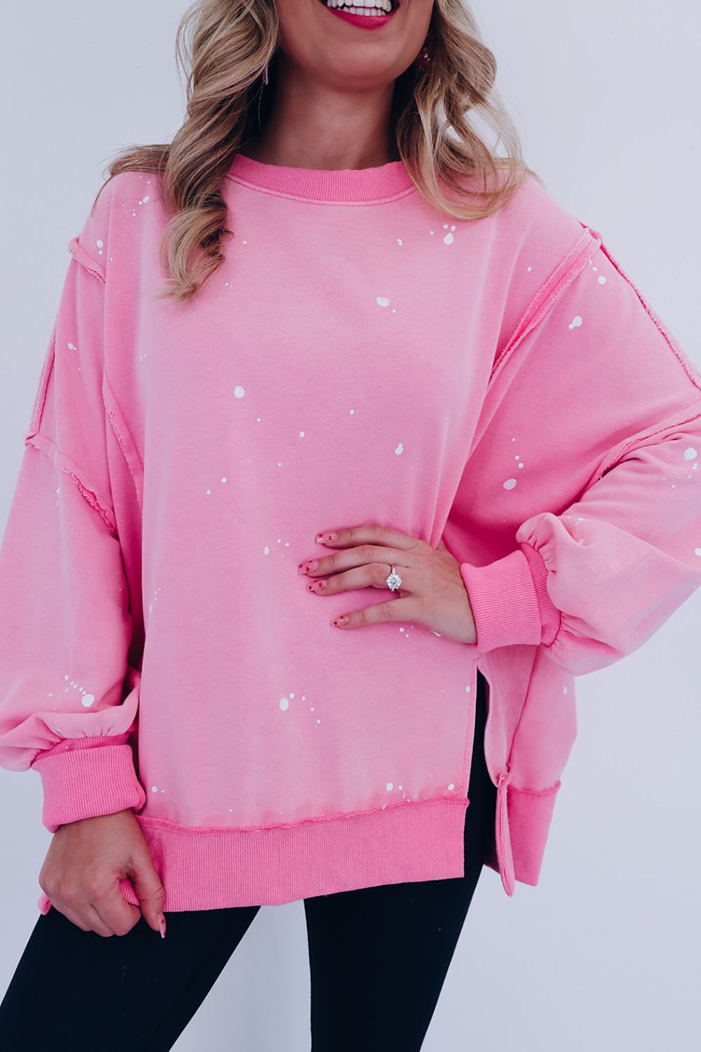 Blue Zone Planet | Exposed Seam Splatter Print Round Neck Sweatshirt-TOPS / DRESSES-[Adult]-[Female]-Pink-S-2022 Online Blue Zone Planet