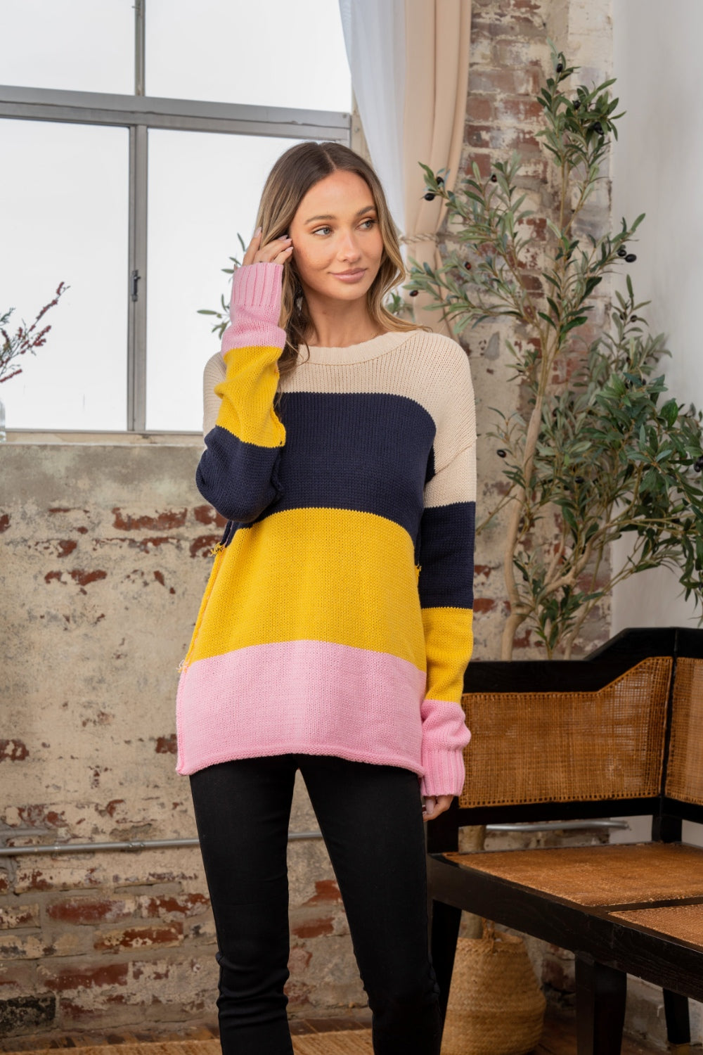 Sew In Love Full Size Color Block Exposed Seam Sweater-TOPS / DRESSES-[Adult]-[Female]-2022 Online Blue Zone Planet