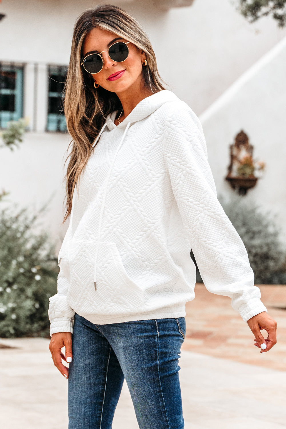 White Cable Lattice Texture Kangaroo Pocket Hoodie-Tops / Dresses-[Adult]-[Female]-2022 Online Blue Zone Planet
