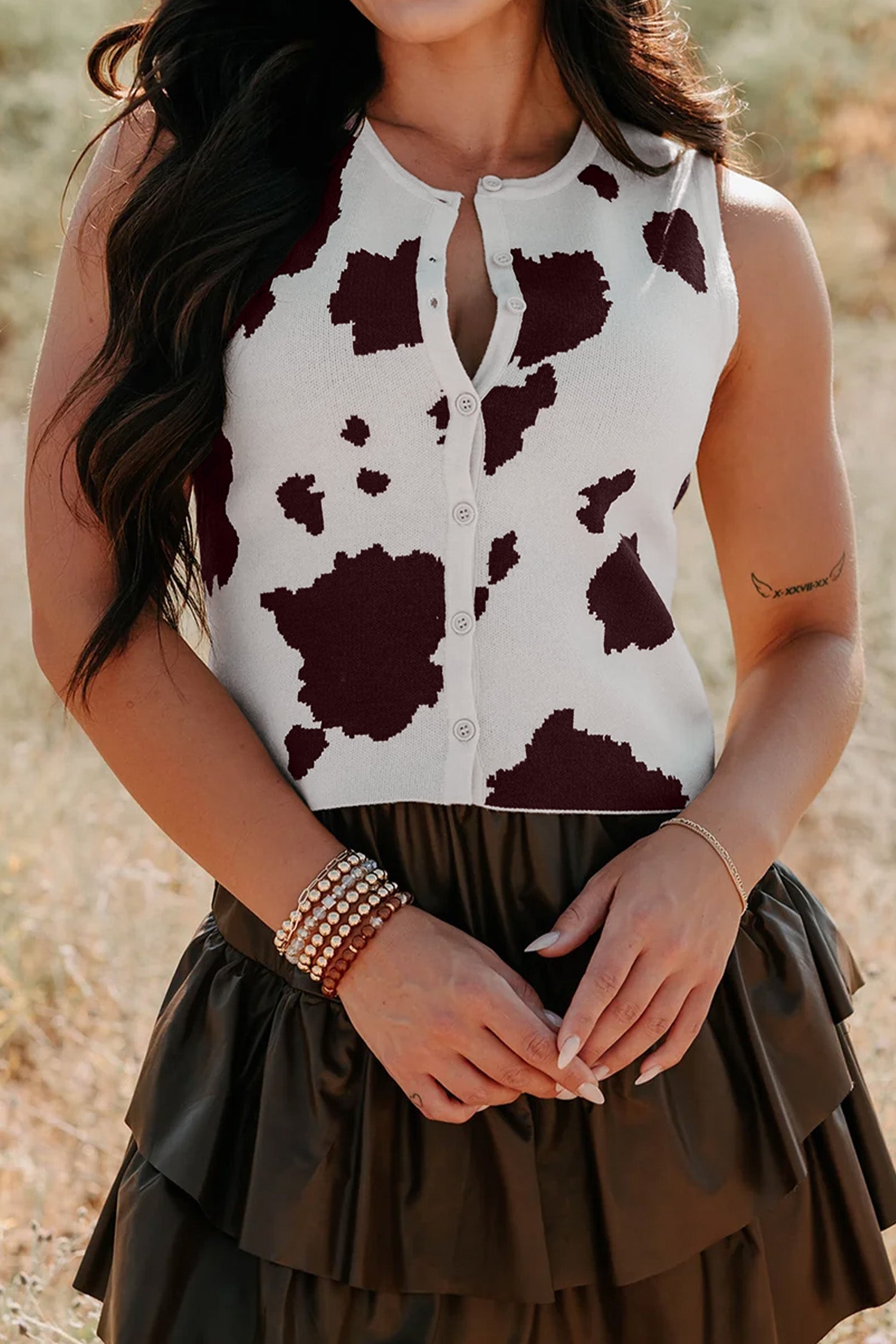 White Western Cow Spots Button Down Sweater Vest-Sweaters & Cardigans/Sweater Vests-[Adult]-[Female]-2022 Online Blue Zone Planet