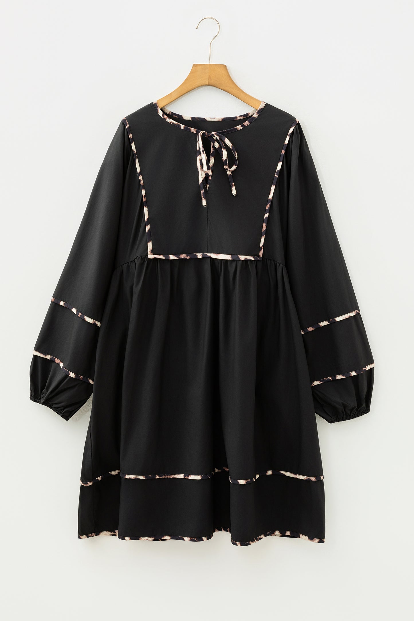 Black Plus Size Long Sleeve Leopard Contrasted Trim Tie Neck Flared Mini Dress-TOPS / DRESSES-[Adult]-[Female]-2022 Online Blue Zone Planet