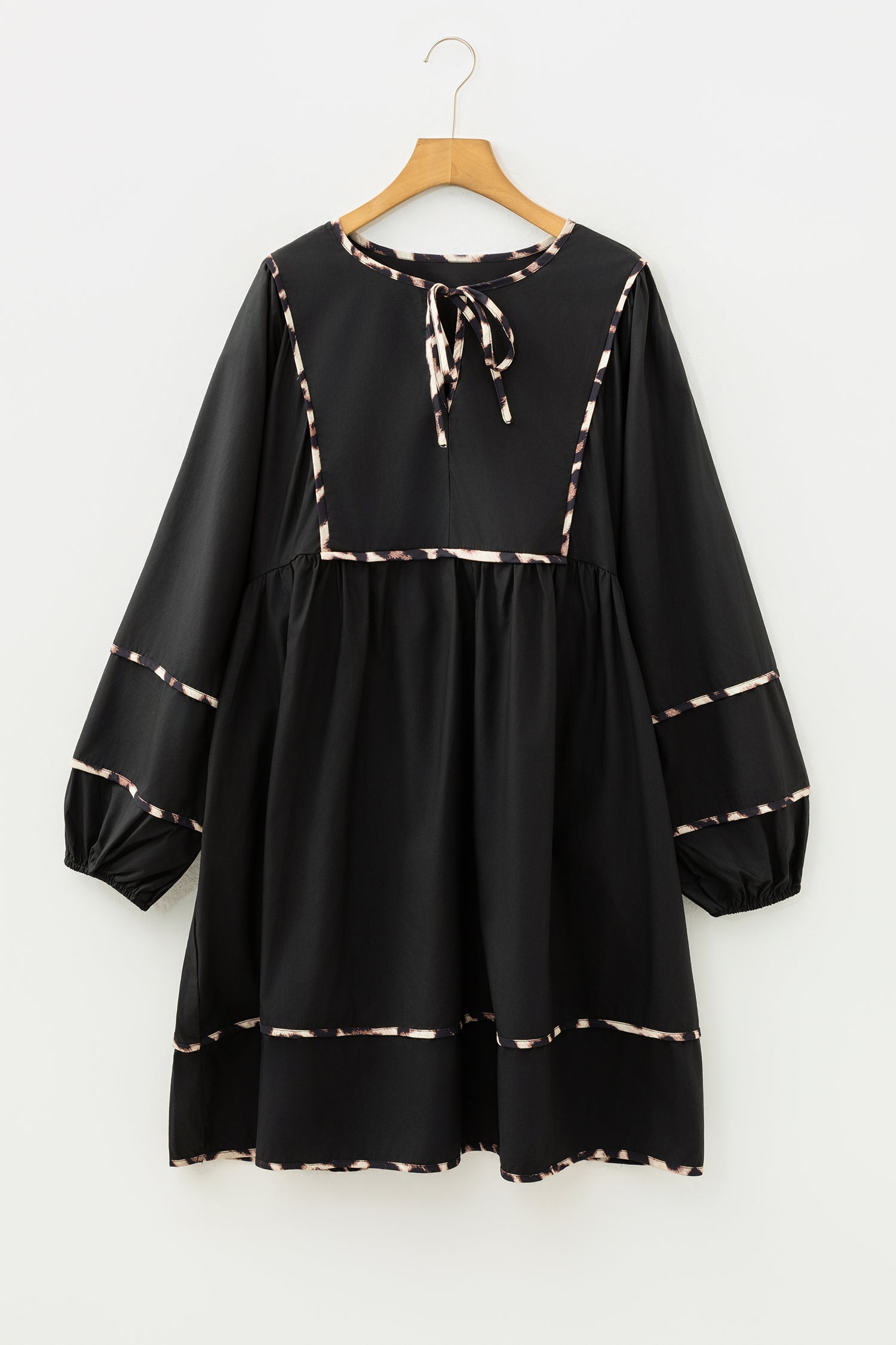 Black Plus Size Long Sleeve Leopard Contrasted Trim Tie Neck Flared Mini Dress-TOPS / DRESSES-[Adult]-[Female]-2022 Online Blue Zone Planet