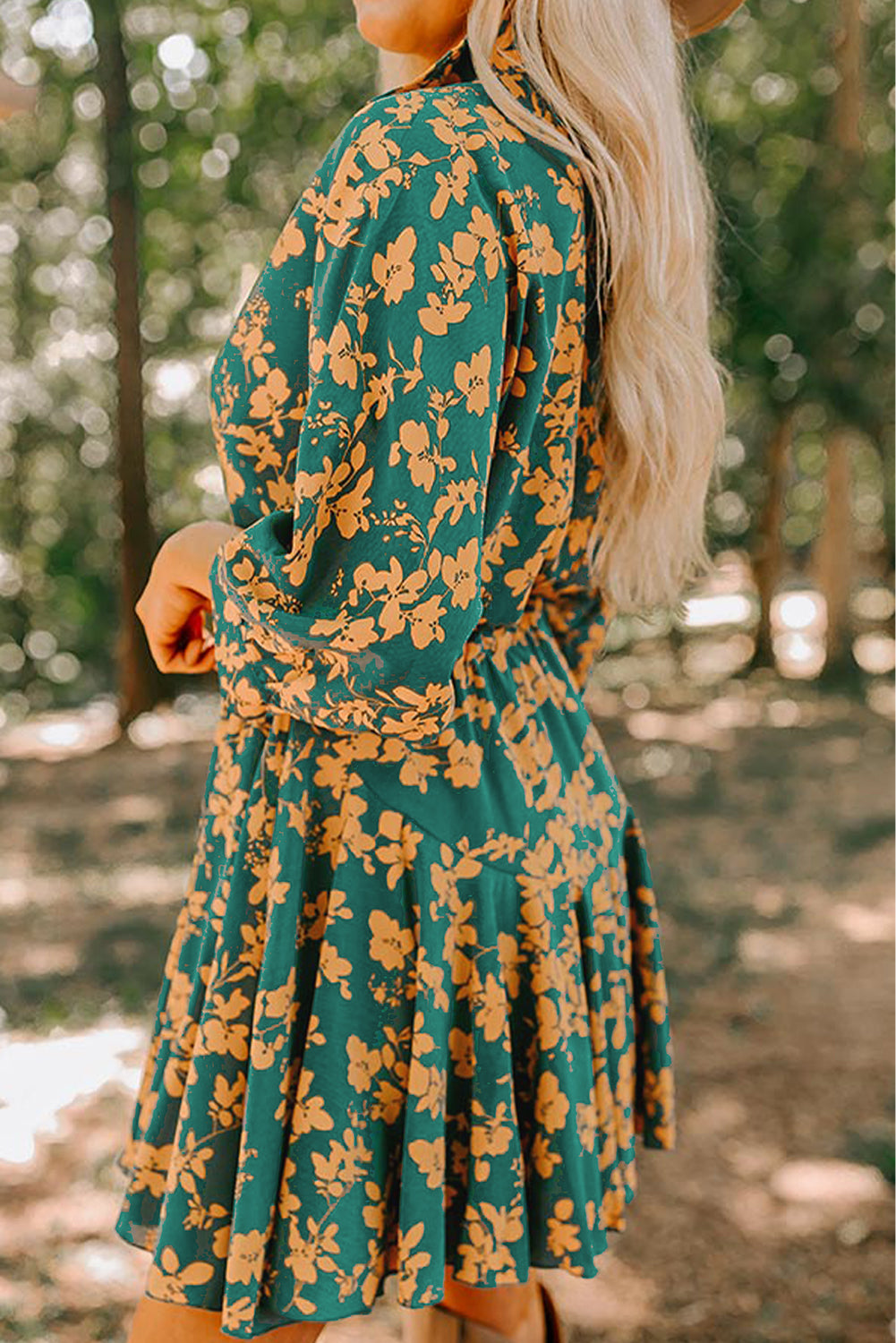 Green Floral Print Drawstring Tunic Flowy Short Dress-Dresses/Mini Dresses-[Adult]-[Female]-2022 Online Blue Zone Planet