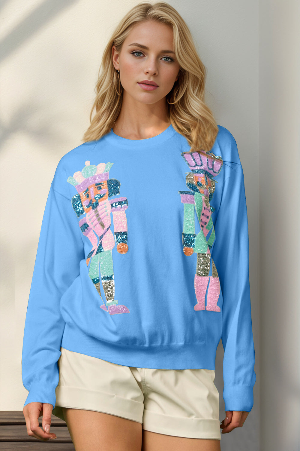 Blue Zone Planet | Double Take Full Size Sequin Nutcracker Long Sleeve Sweater-TOPS / DRESSES-[Adult]-[Female]-Sky Blue-S/M-2022 Online Blue Zone Planet