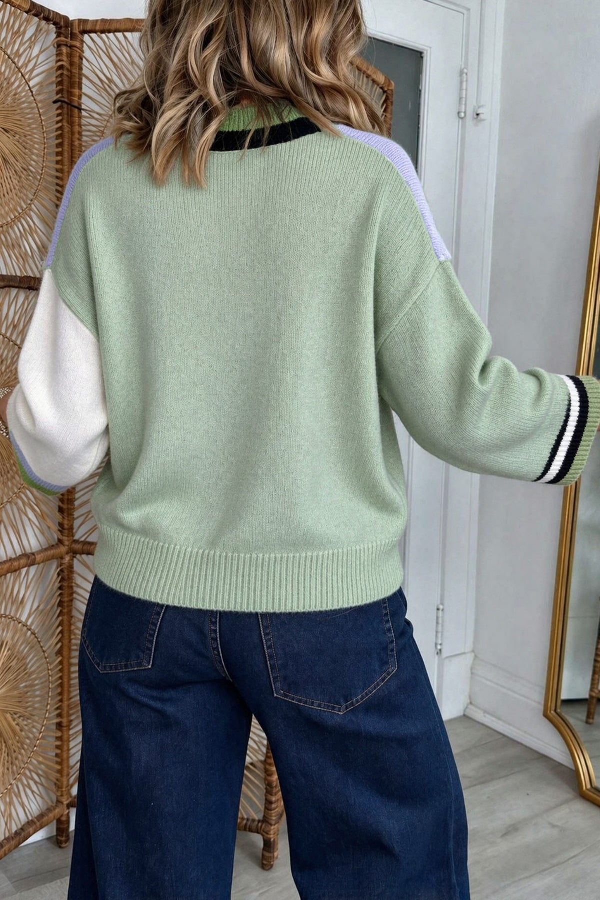 Multicolour Color Block Mock Neck Loose Pullover Sweater-TOPS / DRESSES-[Adult]-[Female]-2022 Online Blue Zone Planet
