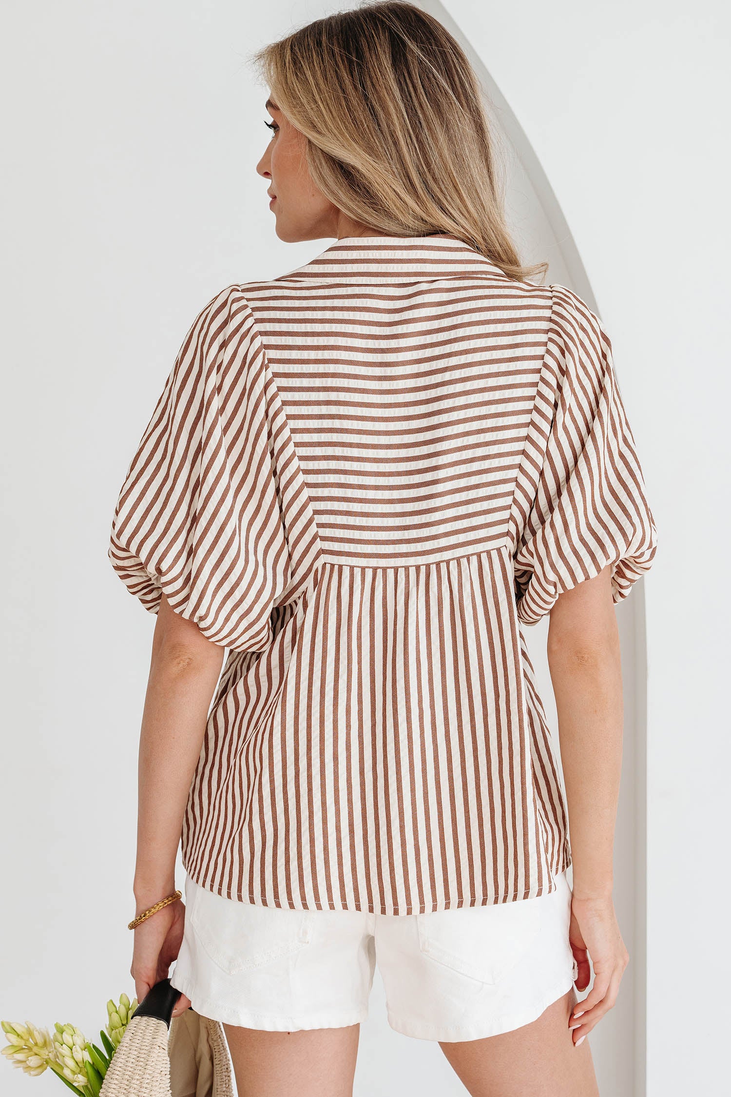 Brown Stripe Shirred V Neck Short Puff Sleeve Blouse-Tops/Blouses & Shirts-[Adult]-[Female]-2022 Online Blue Zone Planet
