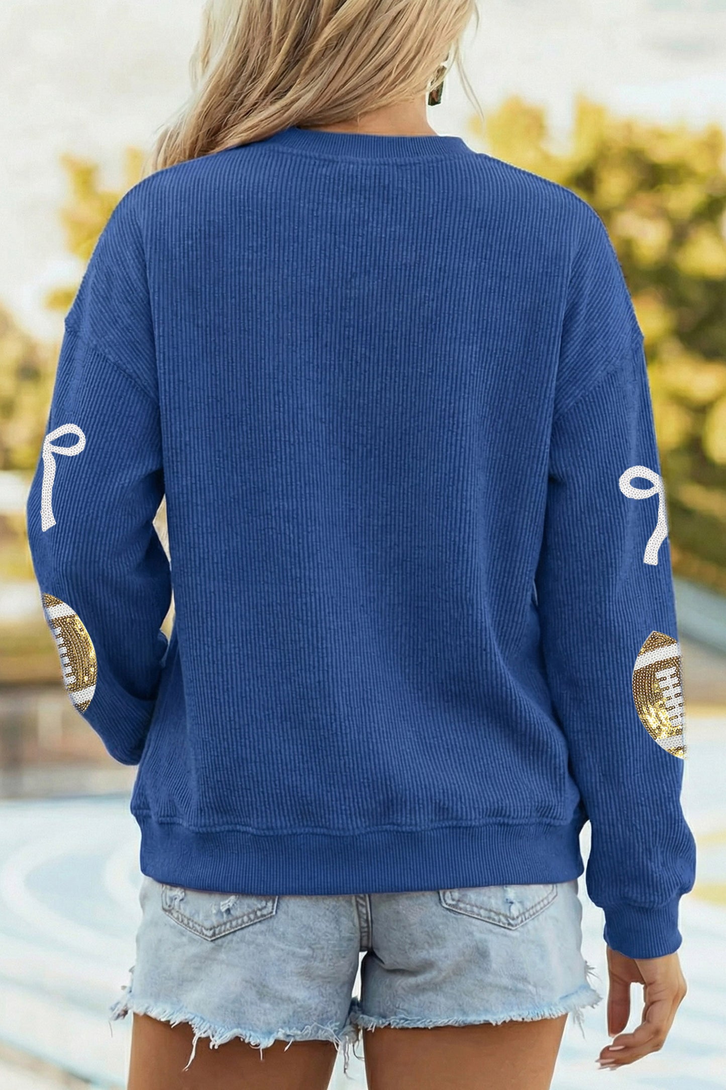 Dark Blue Corded Rib Sequin Rugby Bow Graphic Dropped Shoulder Sweatshirt-Graphic/Graphic Sweatshirts-[Adult]-[Female]-2022 Online Blue Zone Planet