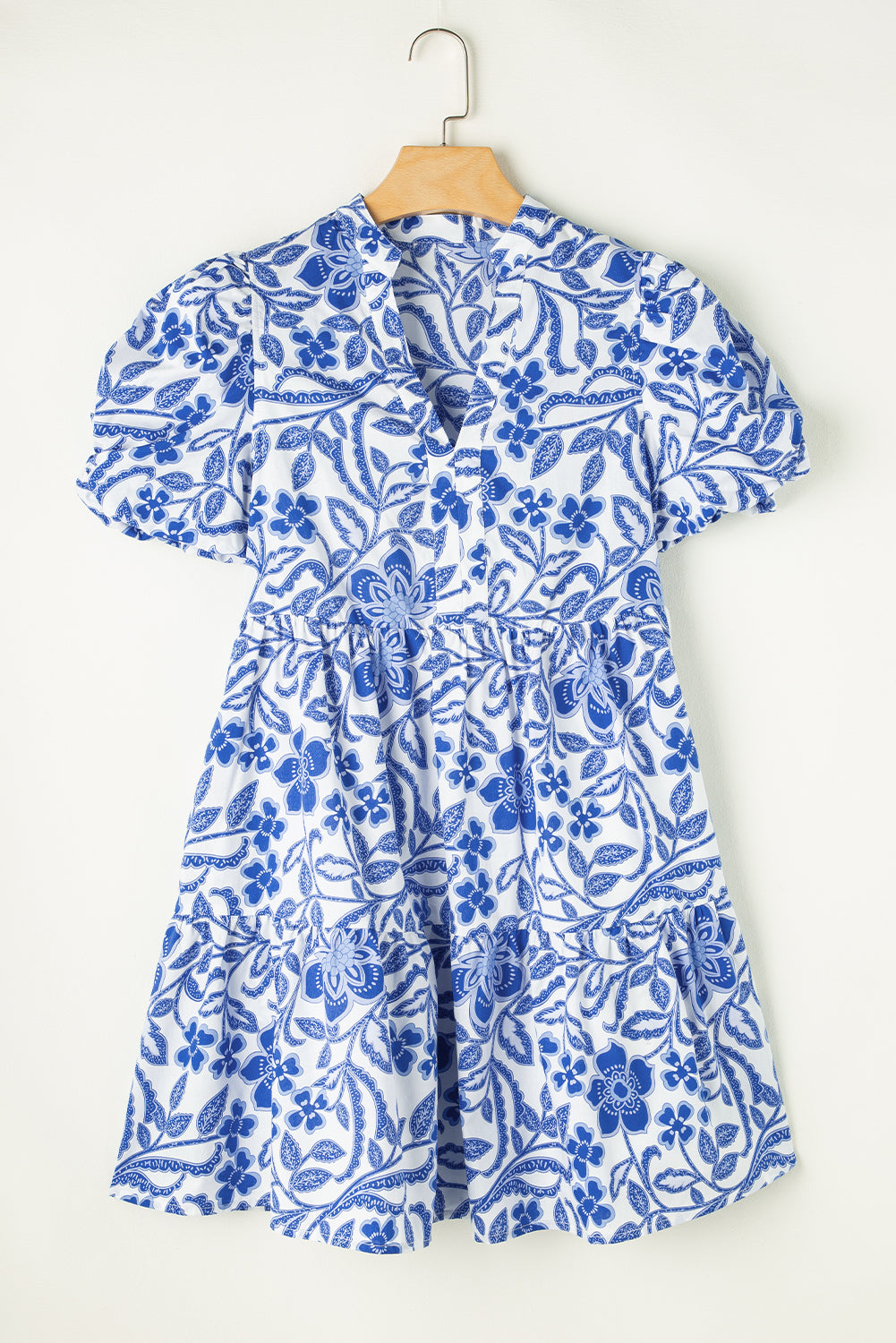 Blue Zone Planet | Blue Flower Print Puff Sleeve Tiered Dress-TOPS / DRESSES-[Adult]-[Female]-2022 Online Blue Zone Planet