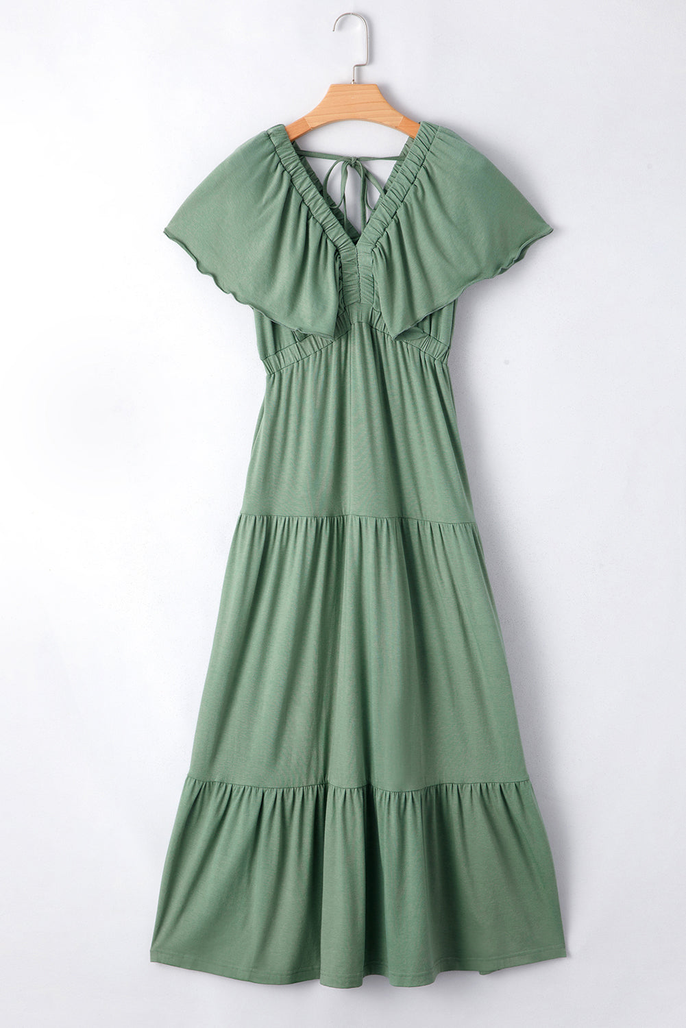 Grass Green Textured V Neck Flutter Sleeve Ruffled Maxi Dress-TOPS / DRESSES-[Adult]-[Female]-2022 Online Blue Zone Planet