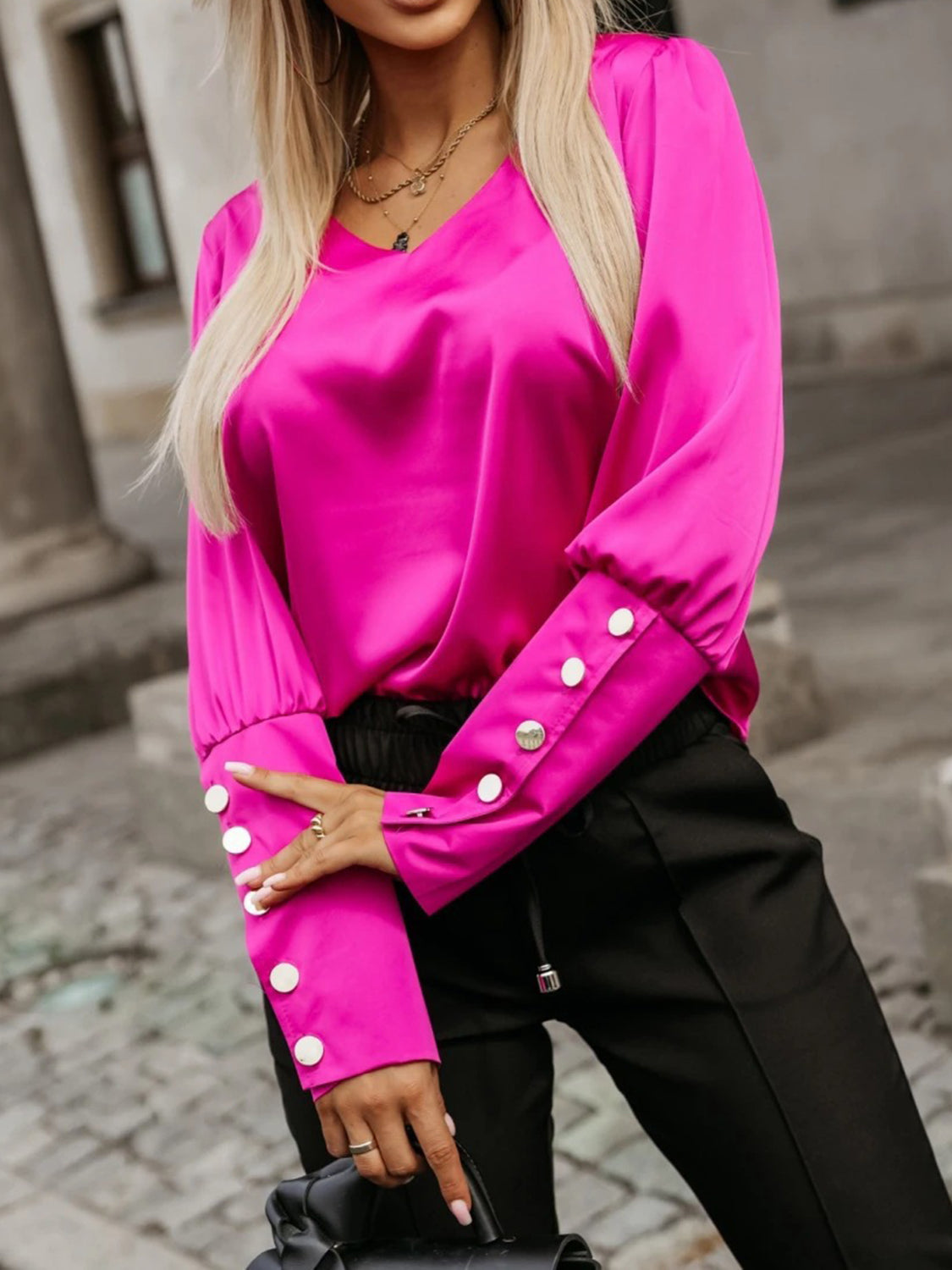 V-Neck Long Sleeve Blouse-TOPS / DRESSES-[Adult]-[Female]-Hot Pink-S-2022 Online Blue Zone Planet