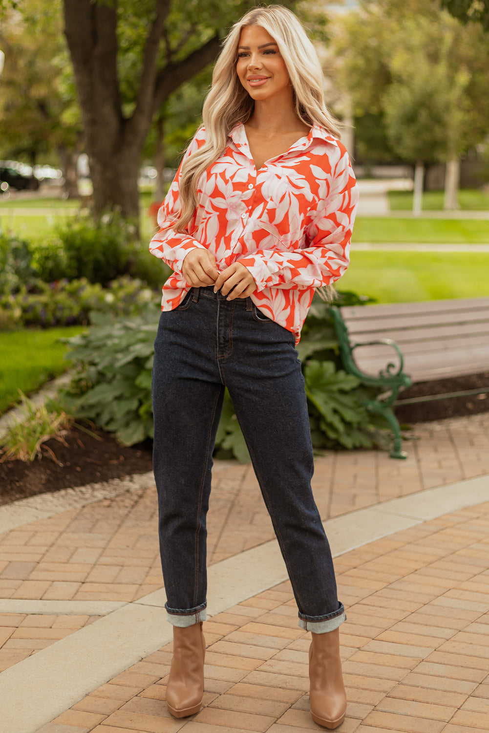 Orange Botanical Print Single Chest Pocket Button Up Shirt-Tops/Blouses & Shirts-[Adult]-[Female]-2022 Online Blue Zone Planet