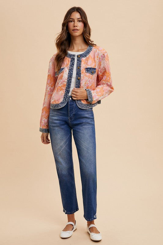 Annie Wear Floral Jacquard Denim Contrast Button Down Jacket-TOPS / DRESSES-[Adult]-[Female]-2022 Online Blue Zone Planet