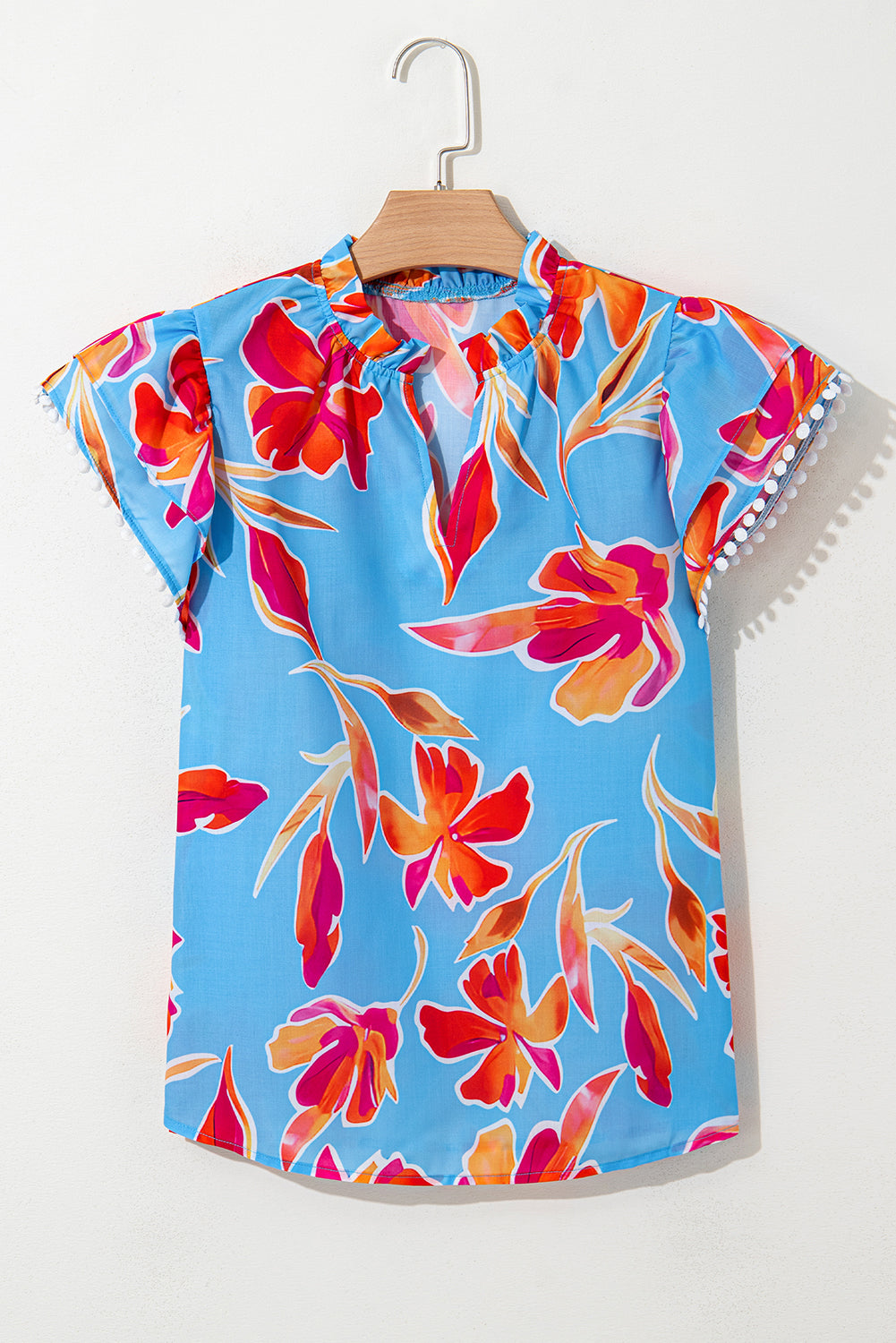 Sky Blue Floral Print V Neck Pompom Trim Flutter Sleeve Blouse-Tops/Blouses & Shirts-[Adult]-[Female]-2022 Online Blue Zone Planet
