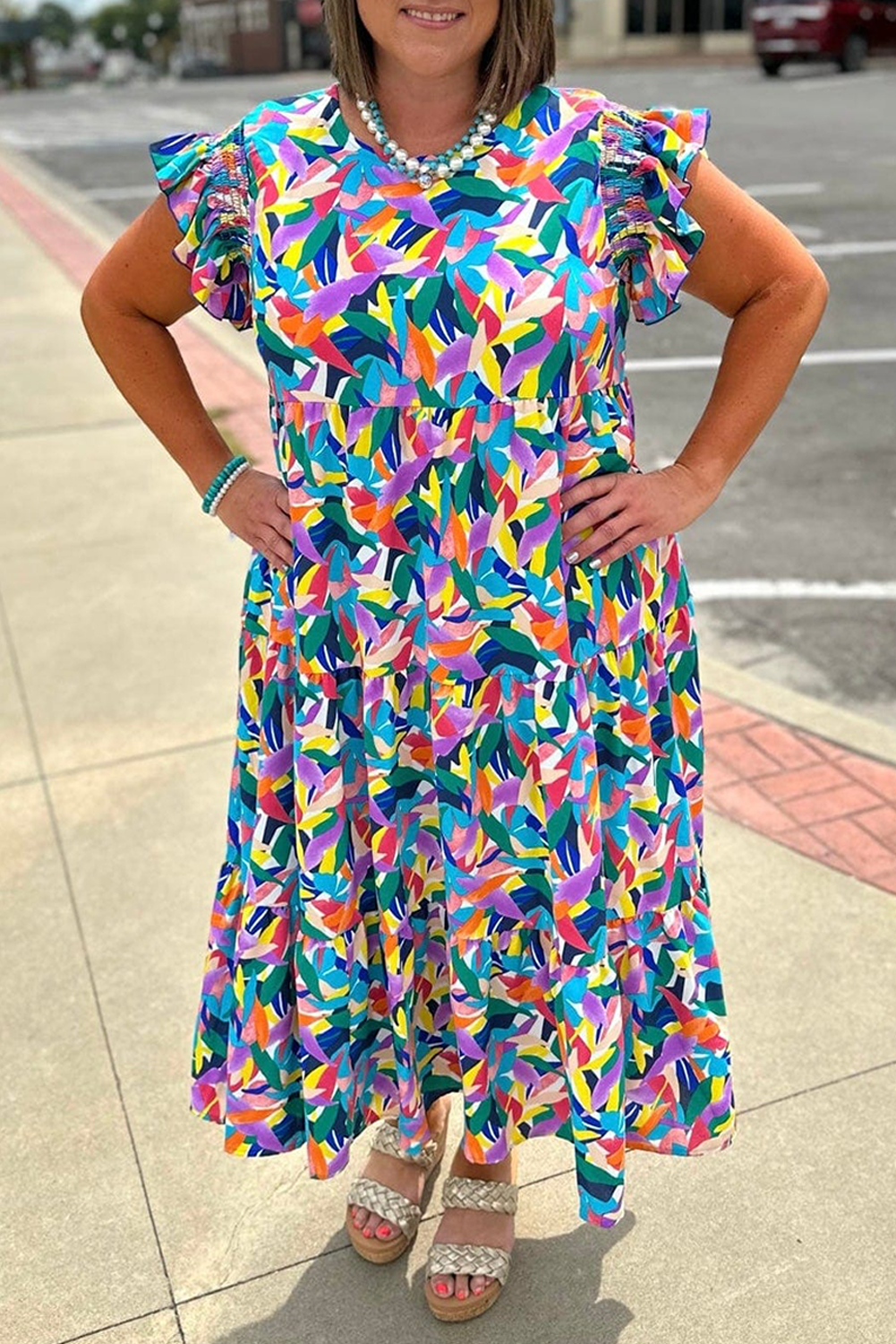 Blue Geometric Print Ruffled Short Sleeve Plus Size Tiered Maxi Dress-TOPS / DRESSES-[Adult]-[Female]-Blue-1X-2022 Online Blue Zone Planet