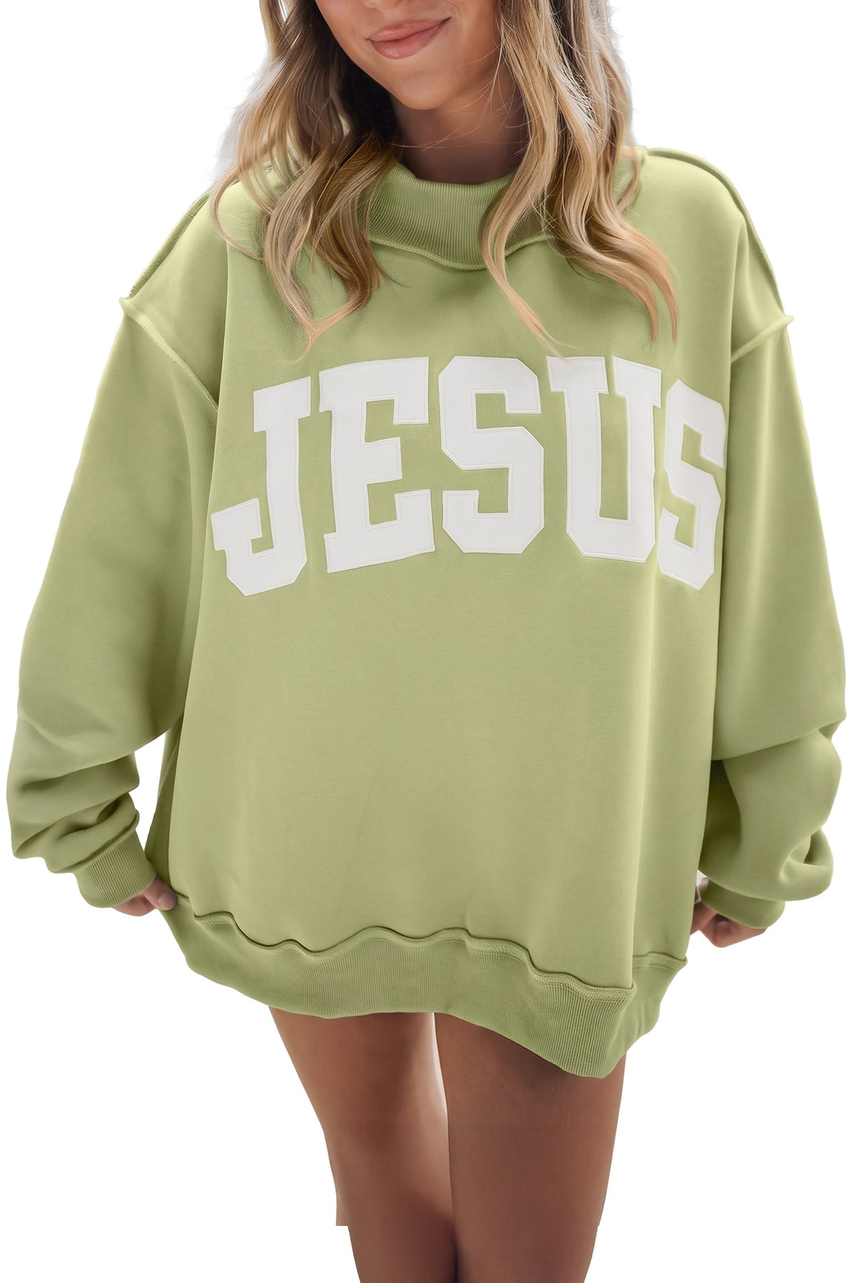 Meadow Mist Green JESUS Letter Patch Graphic Exposed Seam Mock Neck Baggy Sweatshirt