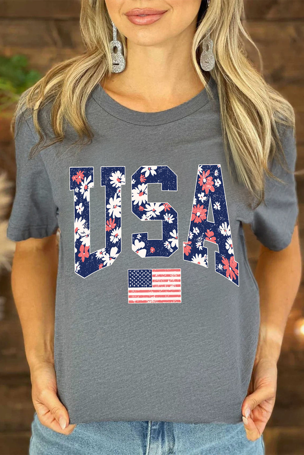 Gray Blooming USA Flag Print Casual T Shirt-Graphic/Graphic Tees-[Adult]-[Female]-2022 Online Blue Zone Planet