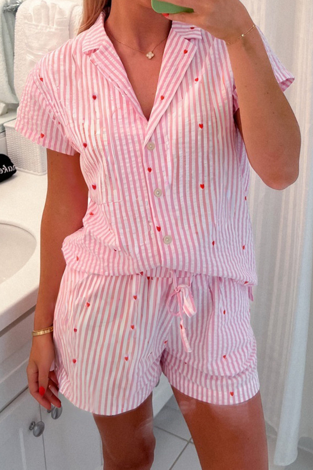 Pink Striped Heart Print Shirt and Shorts Pajama Set-Loungewear Set-[Adult]-[Female]-Pink-S-2022 Online Blue Zone Planet