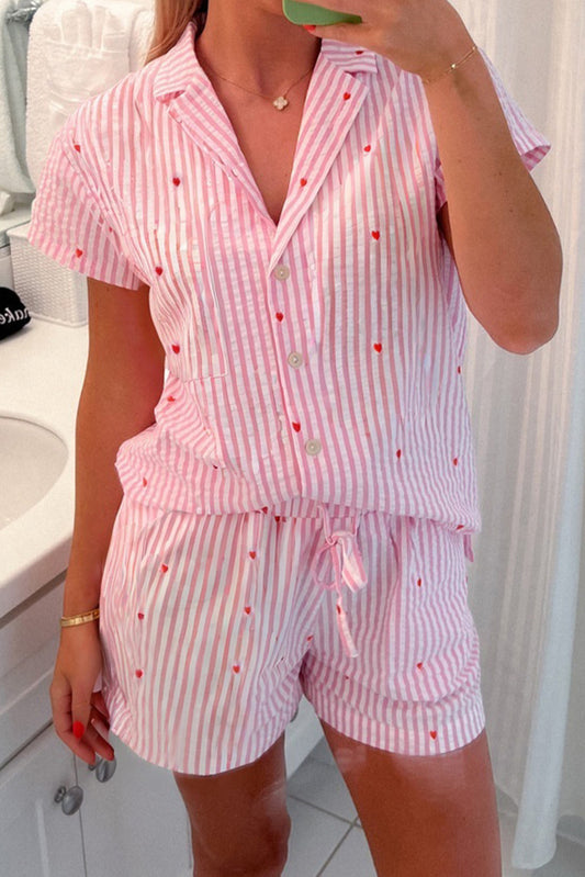 Pink Striped Heart Print Shirt and Shorts Pajama Set-Loungewear Set-[Adult]-[Female]-Pink-S-2022 Online Blue Zone Planet