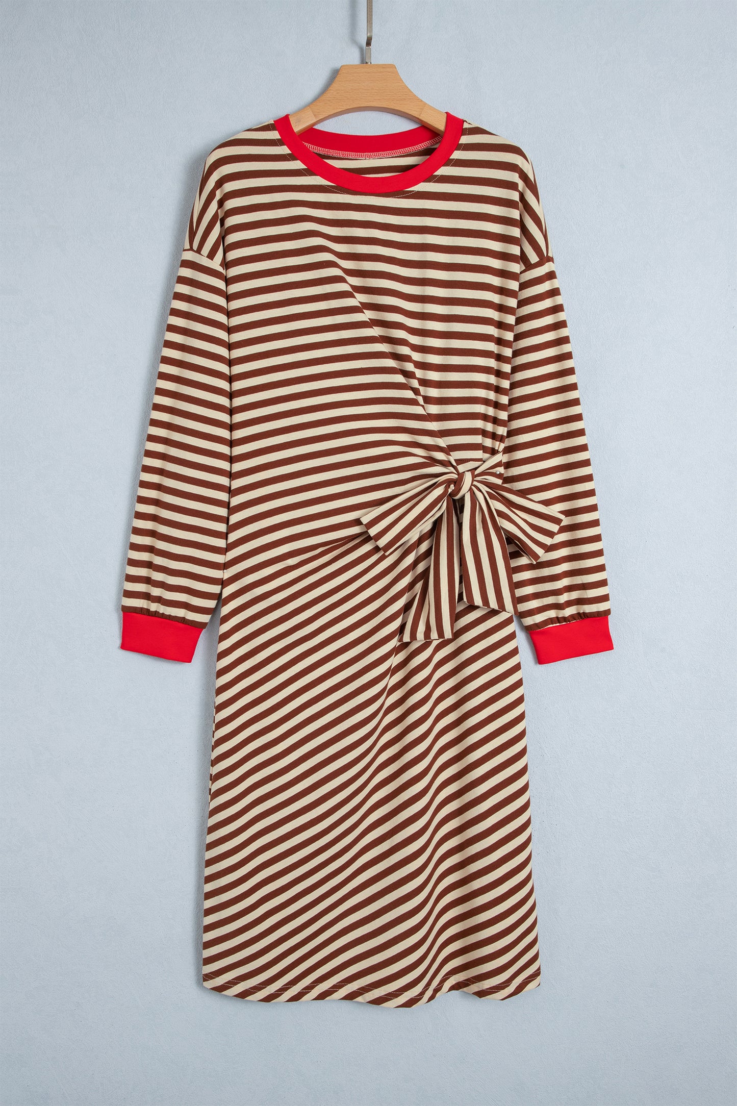 Brown Stripe Striped Colorblock Cuffs Round Neck Long Sleeve Shift Dress