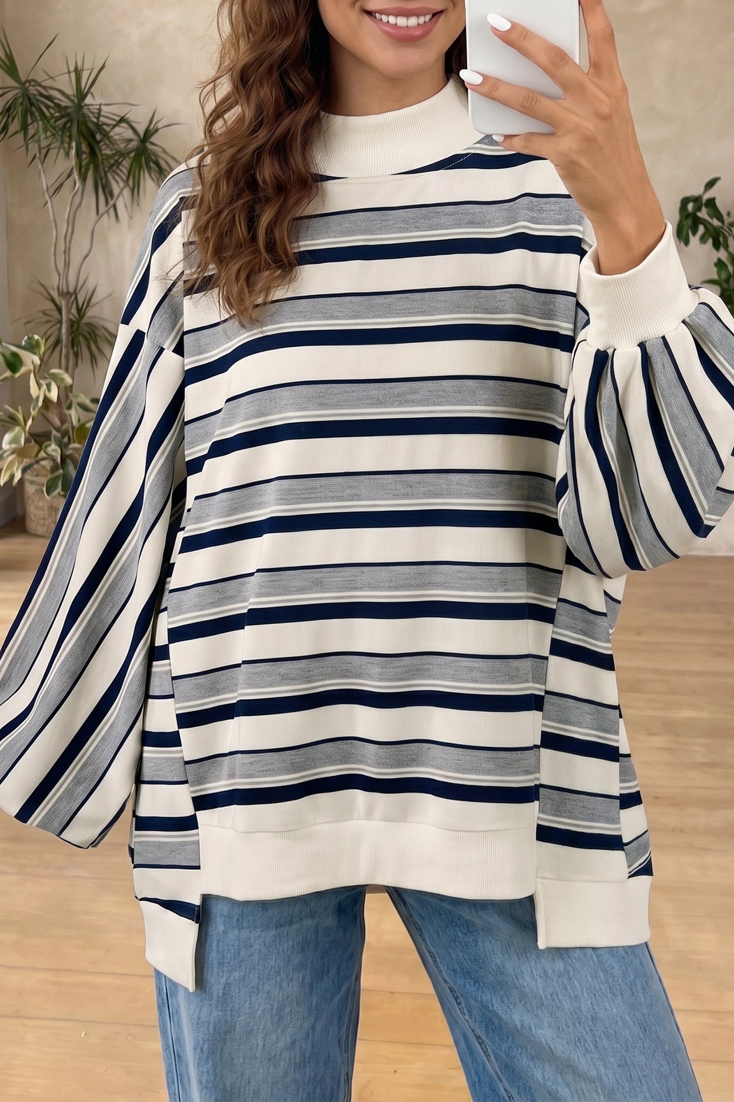 Blue Stripe Striped Ribbed Stand Neck Long Sleeve Shift Silhouette Sweatshirt-Tops/Sweatshirts & Hoodies-[Adult]-[Female]-Blue Stripe-S-2022 Online Blue Zone Planet