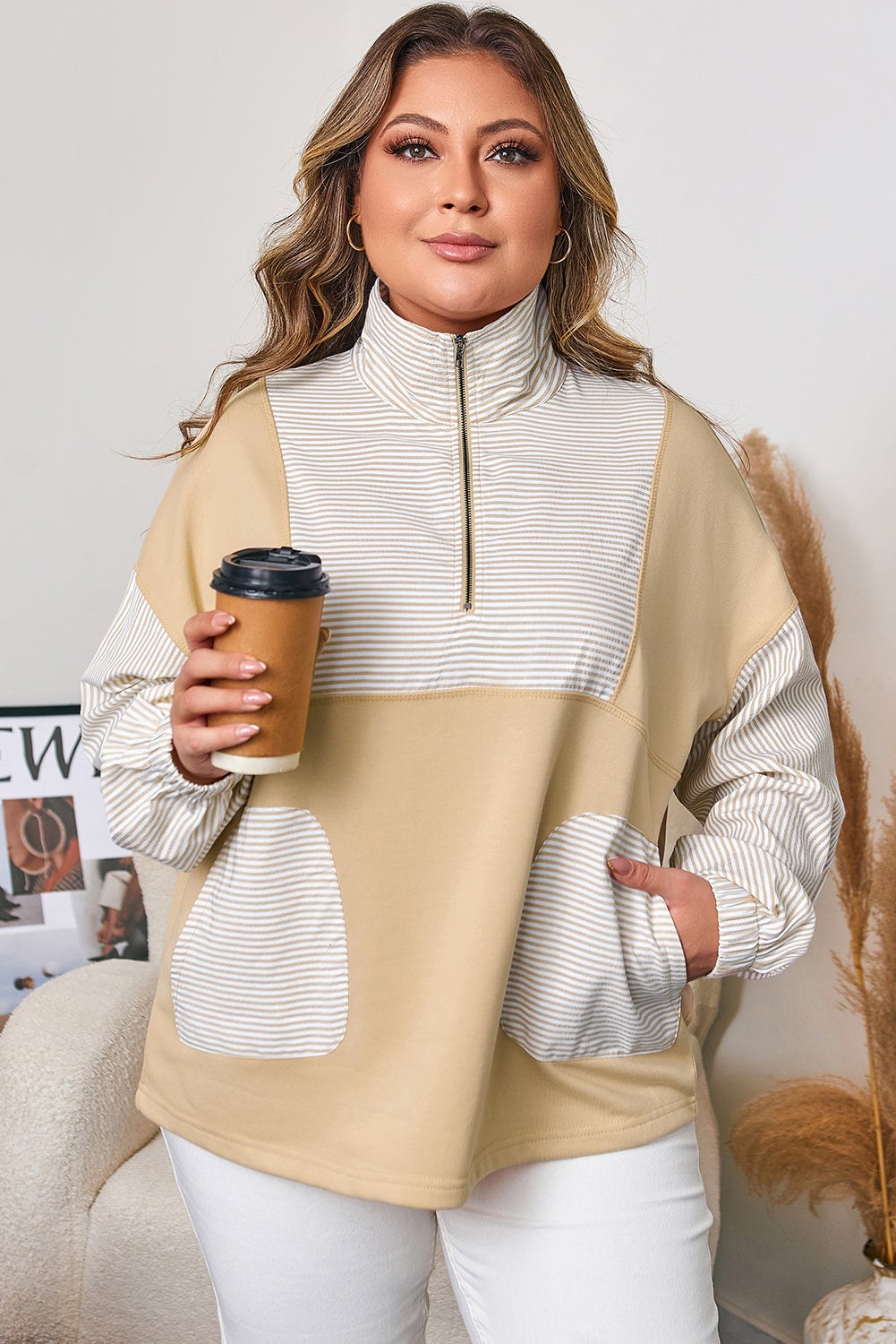 Khaki Stripe Mix Half Zip French Terry Plus Size Sweatshirt-Plus Size/Plus Size Sweatshirts & Hoodies-[Adult]-[Female]-2022 Online Blue Zone Planet