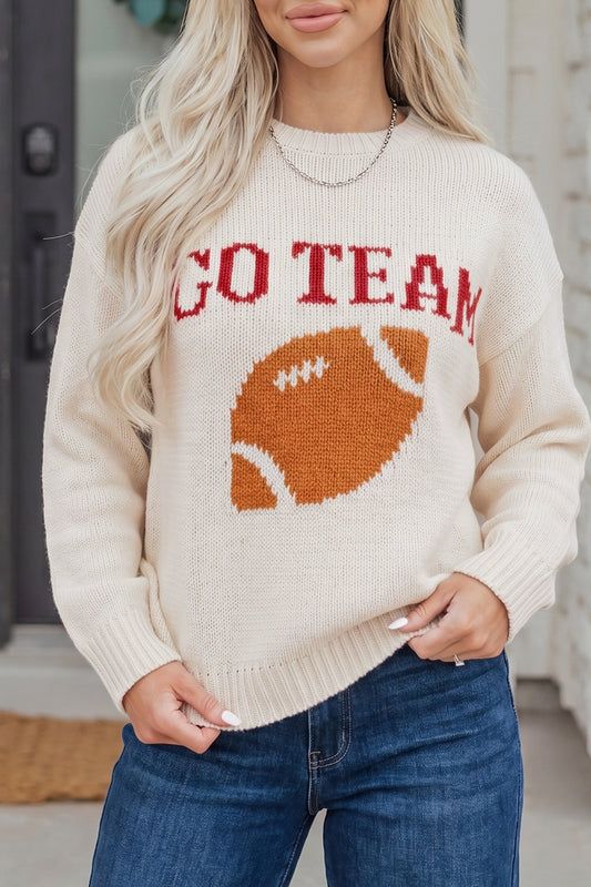 Beige Go Team Football Drop Shoulder Knit Top Sweater-TOPS / DRESSES-[Adult]-[Female]-Beige-S-2022 Online Blue Zone Planet