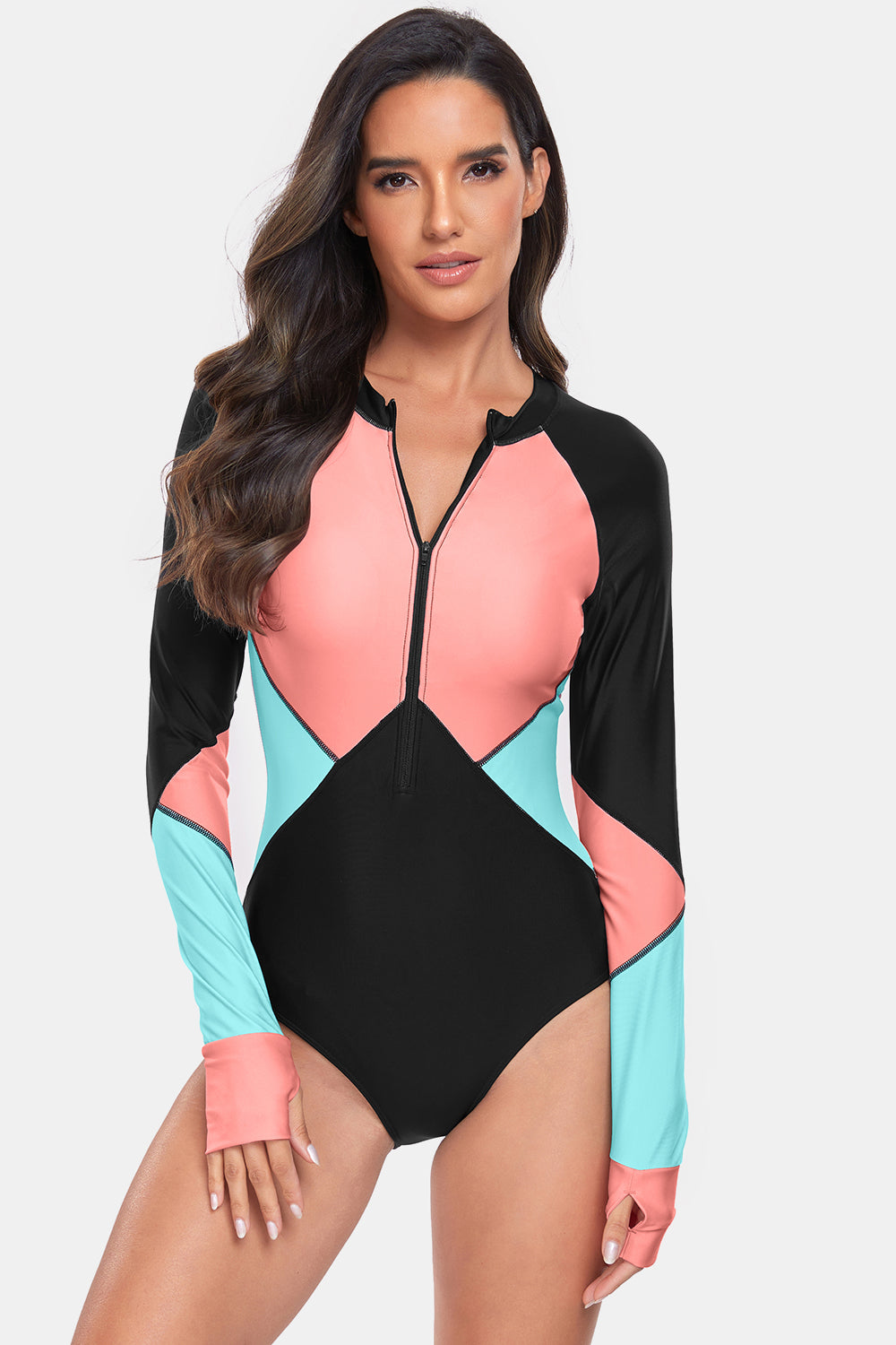 Color Block Half Zip Long Sleeve One-Piece Swimwear-TOPS / DRESSES-[Adult]-[Female]-2022 Online Blue Zone Planet