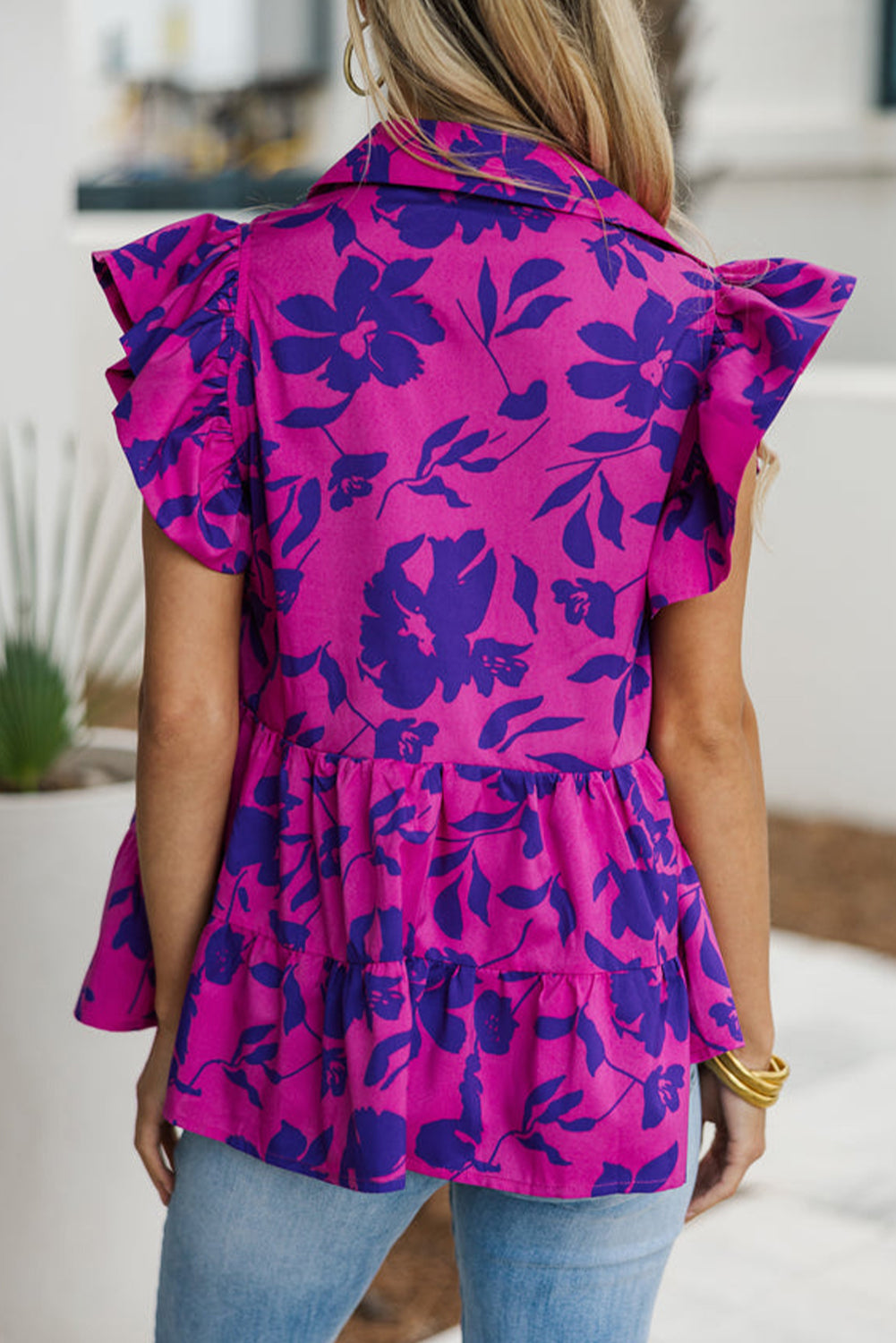 Rose Floral Print Collared Button Neckline Flutter Sleeve Blouse-Tops/Blouses & Shirts-[Adult]-[Female]-2022 Online Blue Zone Planet