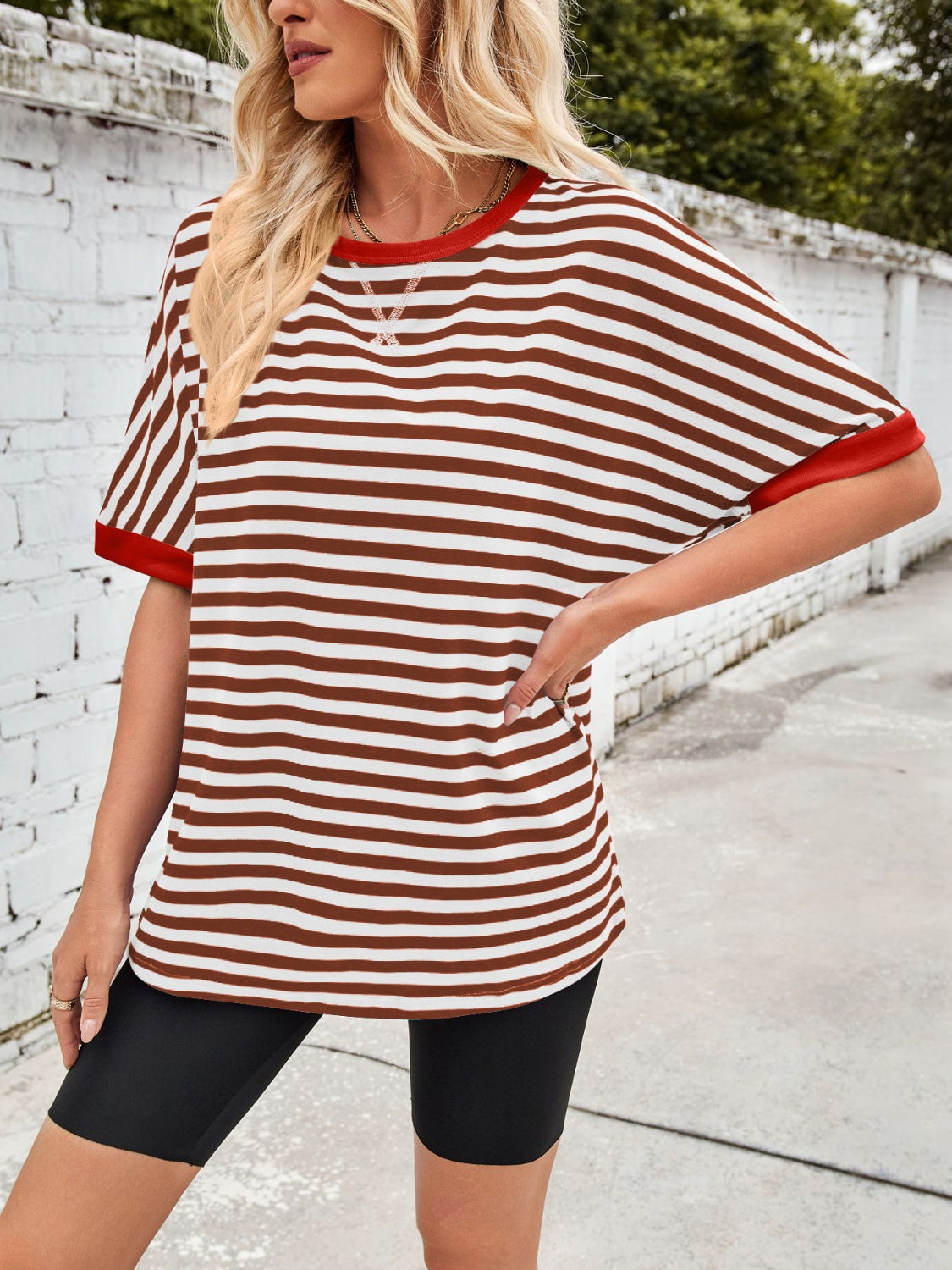 Lovelet Striped Round Neck Half Sleeve T-Shirt-TOPS / DRESSES-[Adult]-[Female]-2022 Online Blue Zone Planet