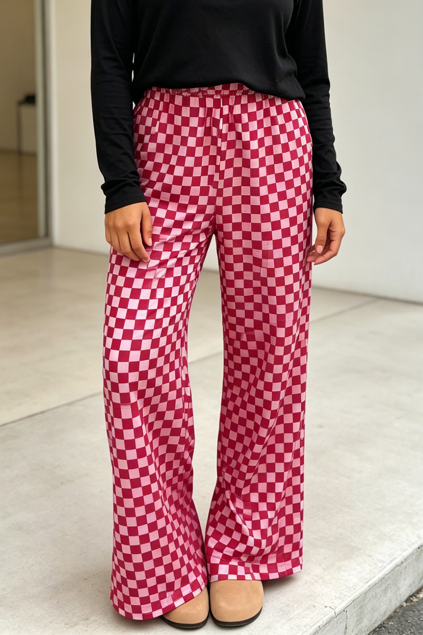 Rose Elastic Waist Plaid Full-Length Shift Pants-Bottoms/Pants & Culotte-[Adult]-[Female]-2022 Online Blue Zone Planet